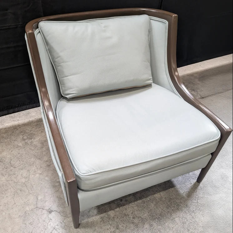 Mid-Century Inspired Wood Frame Accent Chair with Pale Blue Upholstery - Image 2