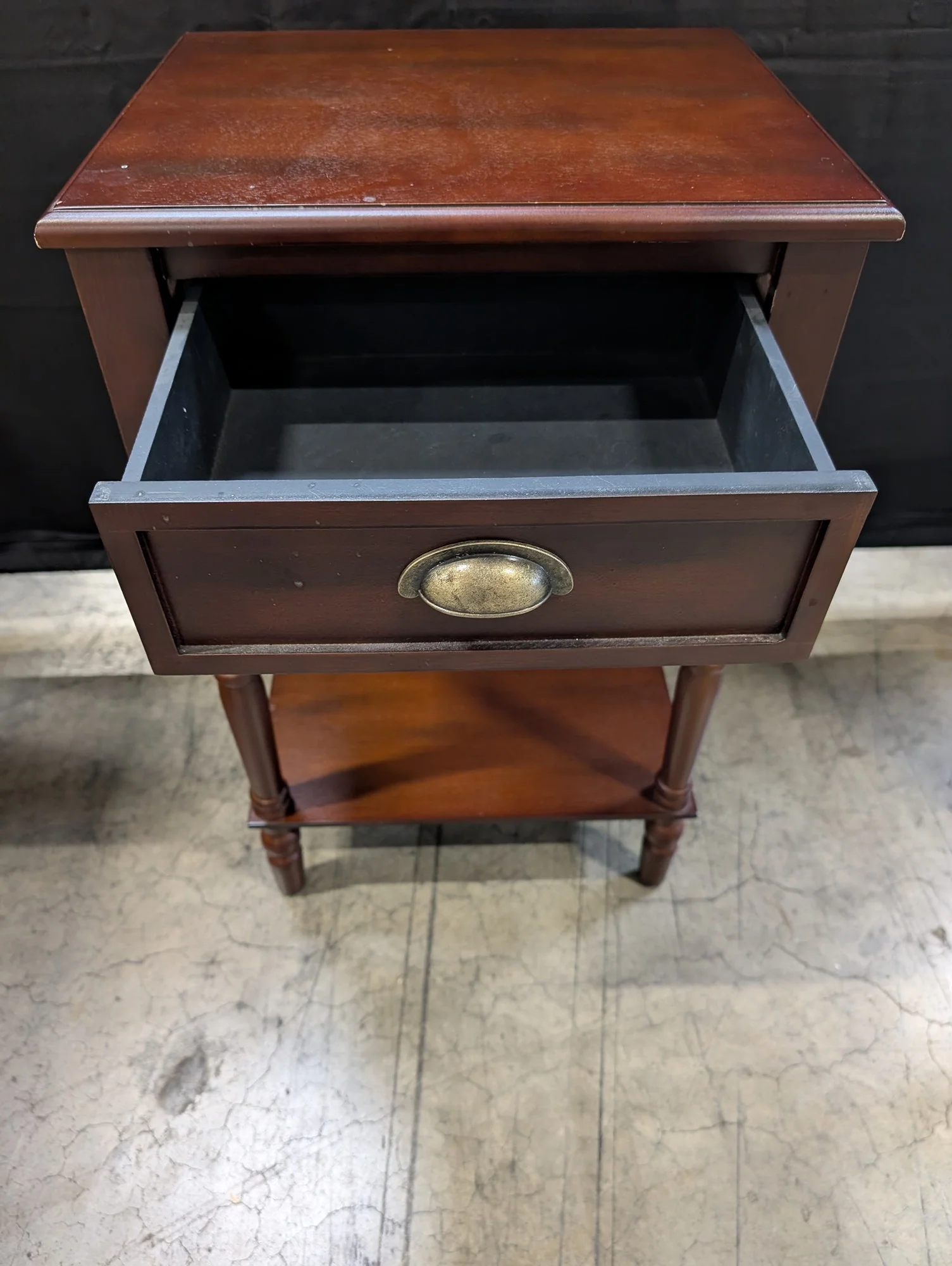 Classic Brown Wood Nightstand with Drawer and Shelf - Image 3