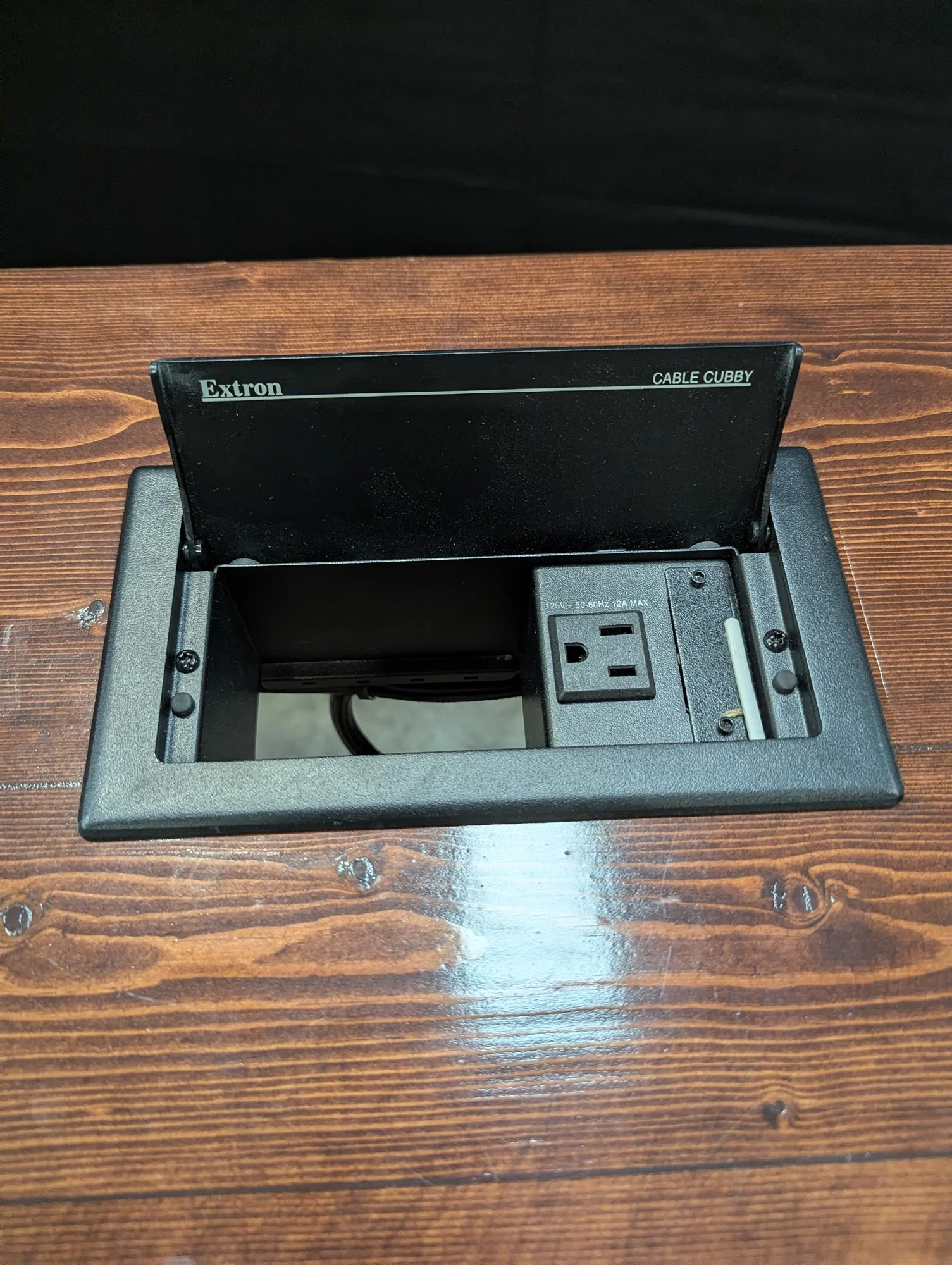 Substantial Stained Wood Desk with Integrated Extron Cable Cubby Power Module - Image 2