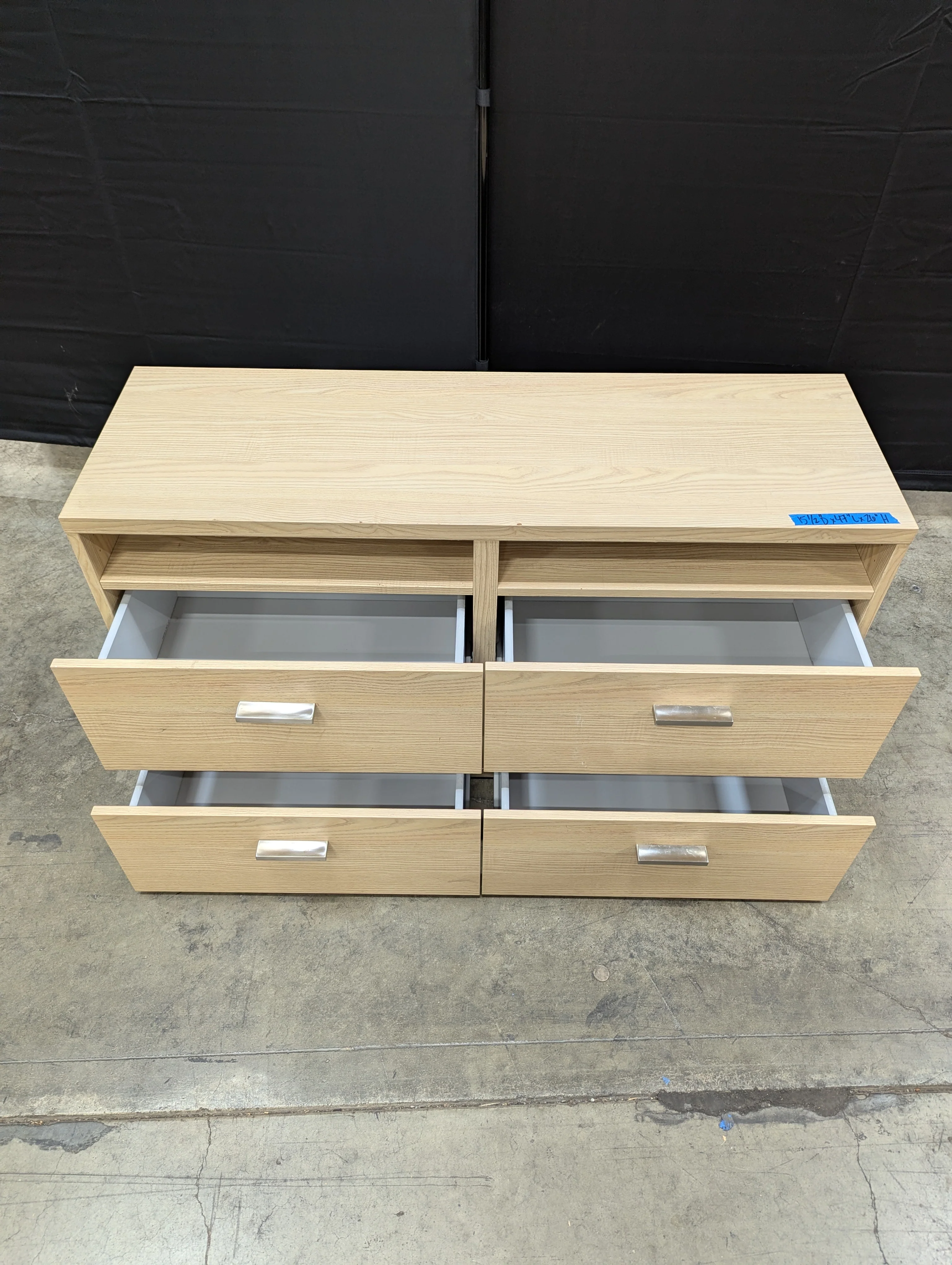 Modern Blonde Wood Four-Drawer Dresser with Open Media Storage - Image 3