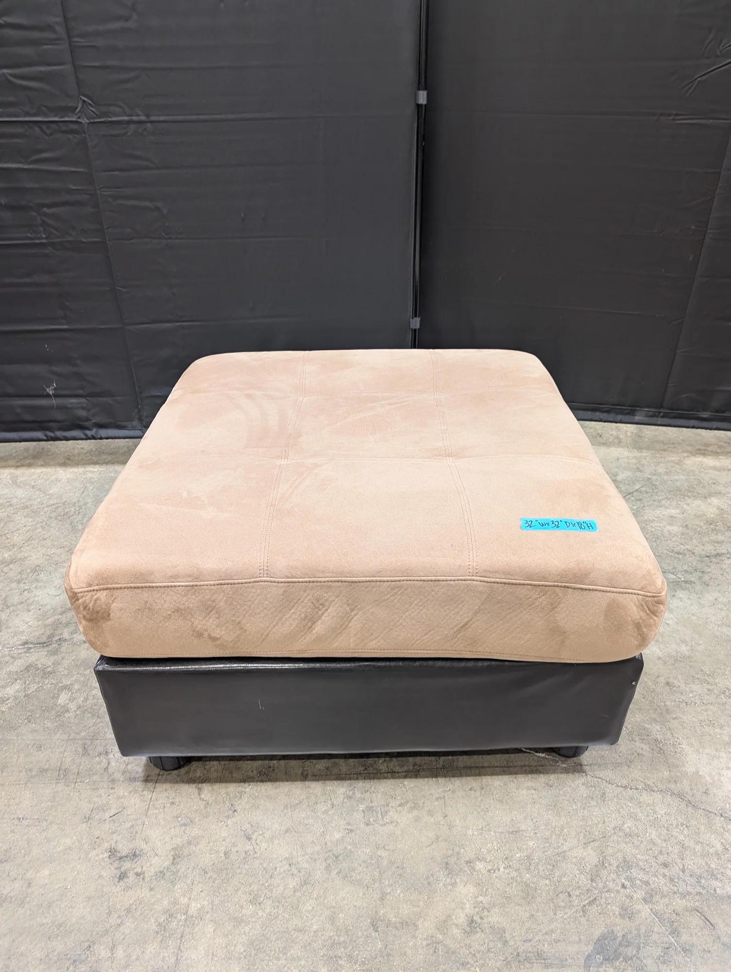 Large Square Tan Microsuede and Black Upholstered Ottoman