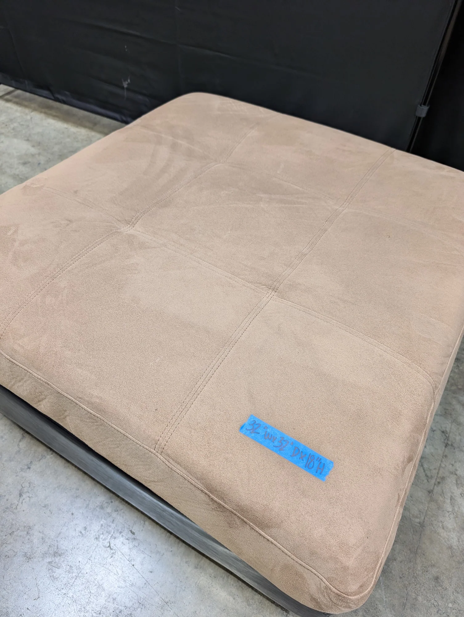Large Square Tan Microsuede and Black Upholstered Ottoman - Image 2