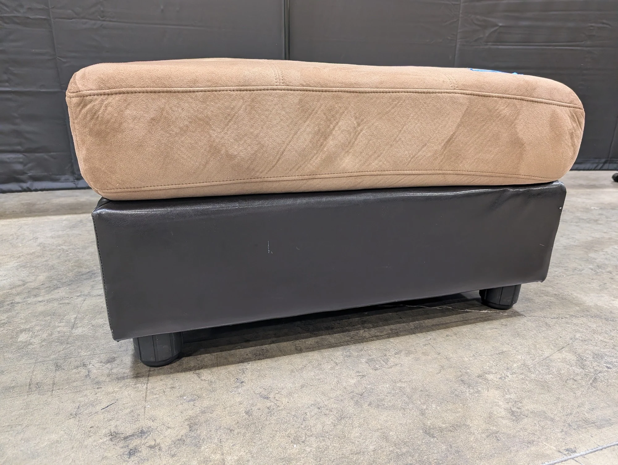 Large Square Tan Microsuede and Black Upholstered Ottoman - Image 3