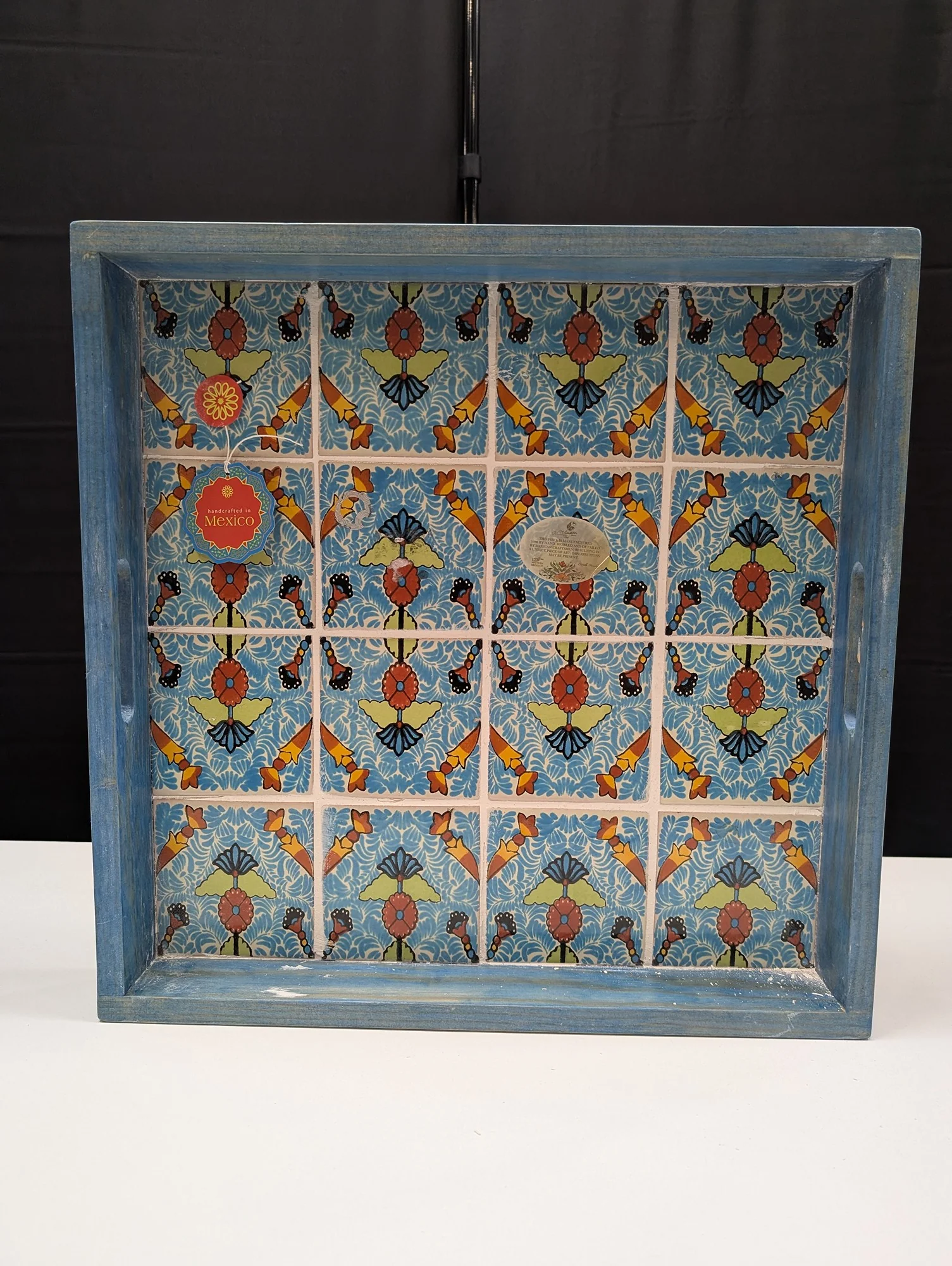 Handcrafted Mexican Ceramic Tile & Wood Serving Tray with Vibrant Floral Motif
