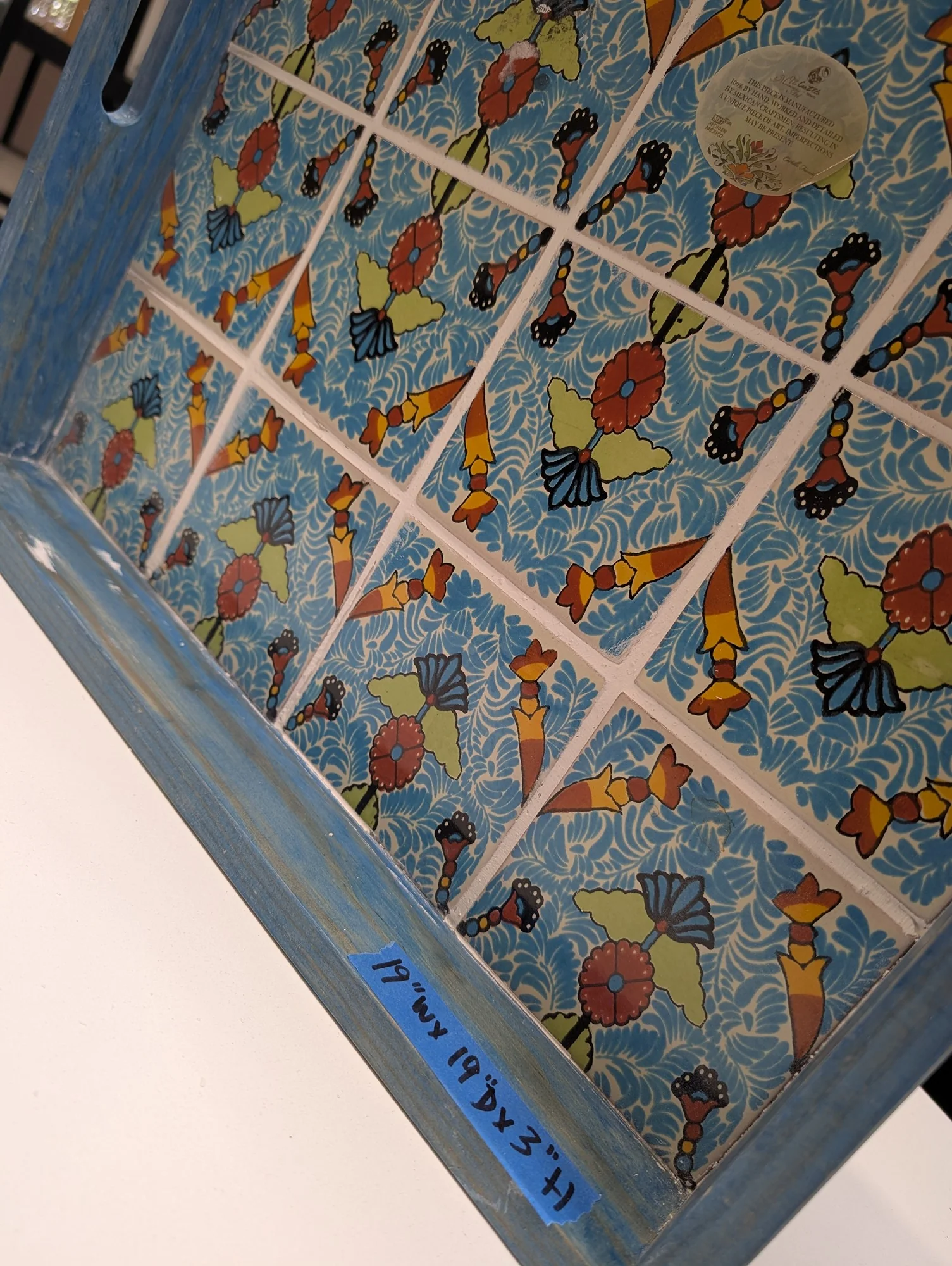 Handcrafted Mexican Ceramic Tile & Wood Serving Tray with Vibrant Floral Motif - Image 2