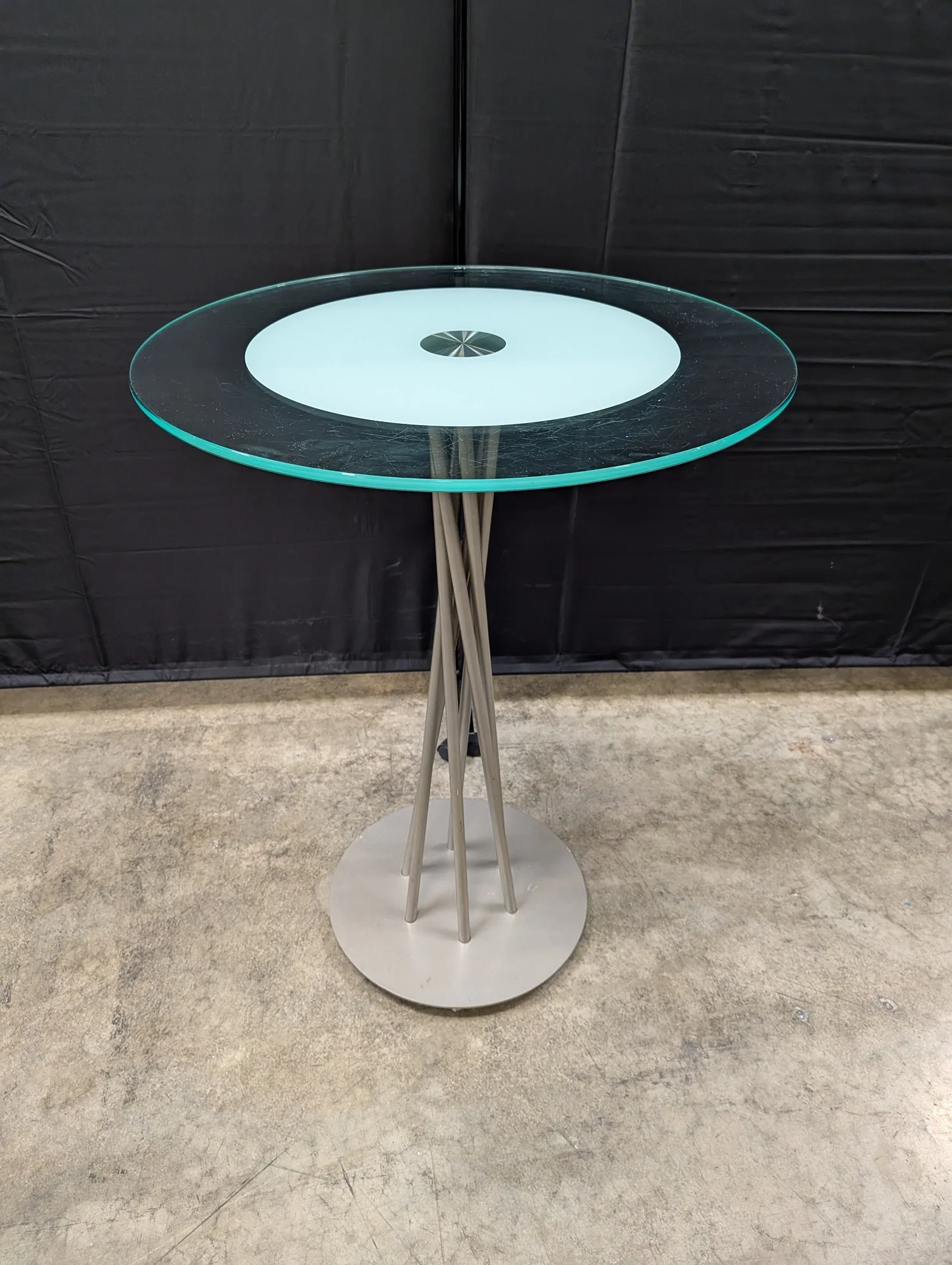 Modern Round Glass Top Bistro Table with Sculptural Metal Base