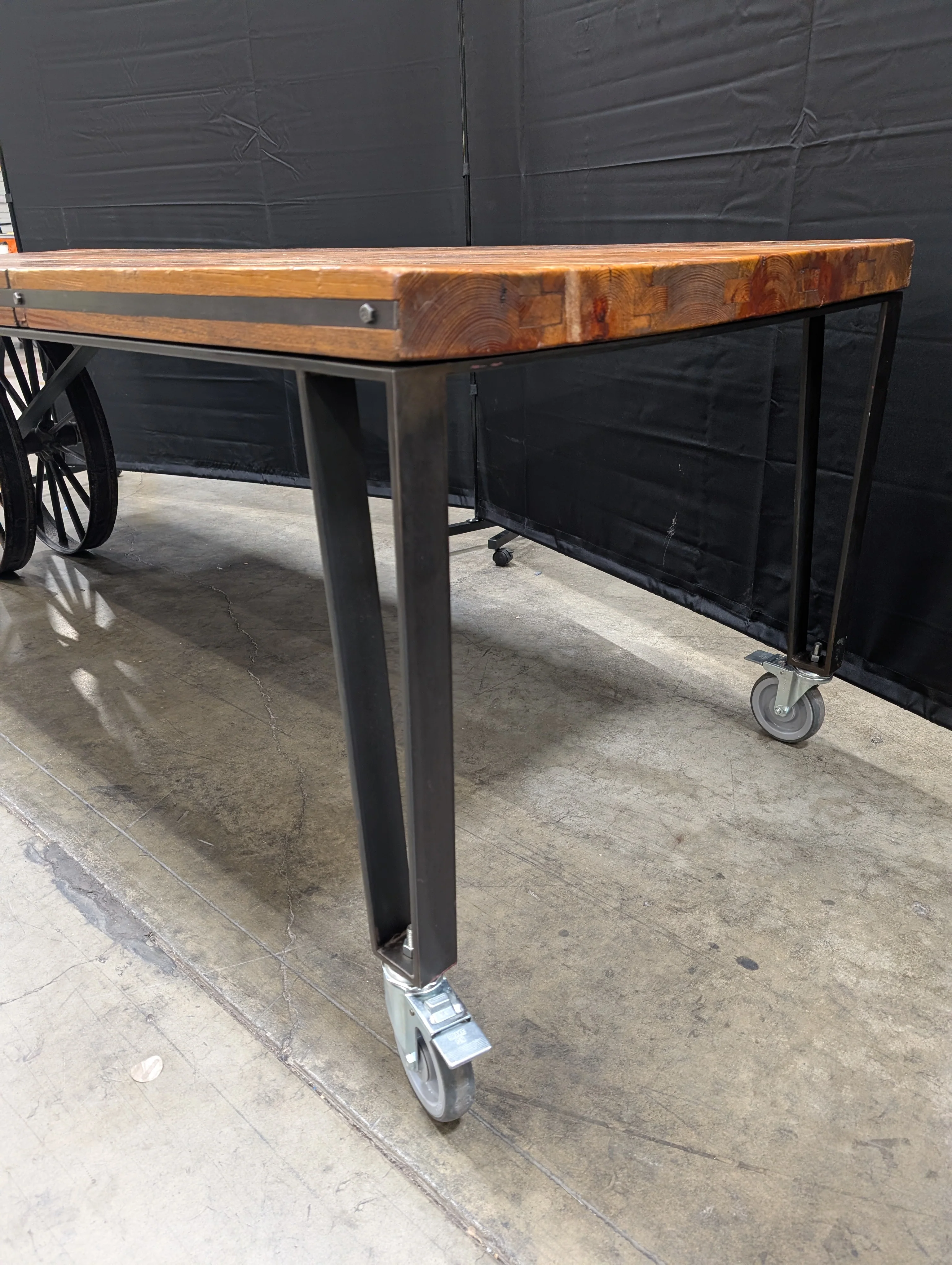 Industrial Style Butcher Block Top Rolling Console Table - Image 4