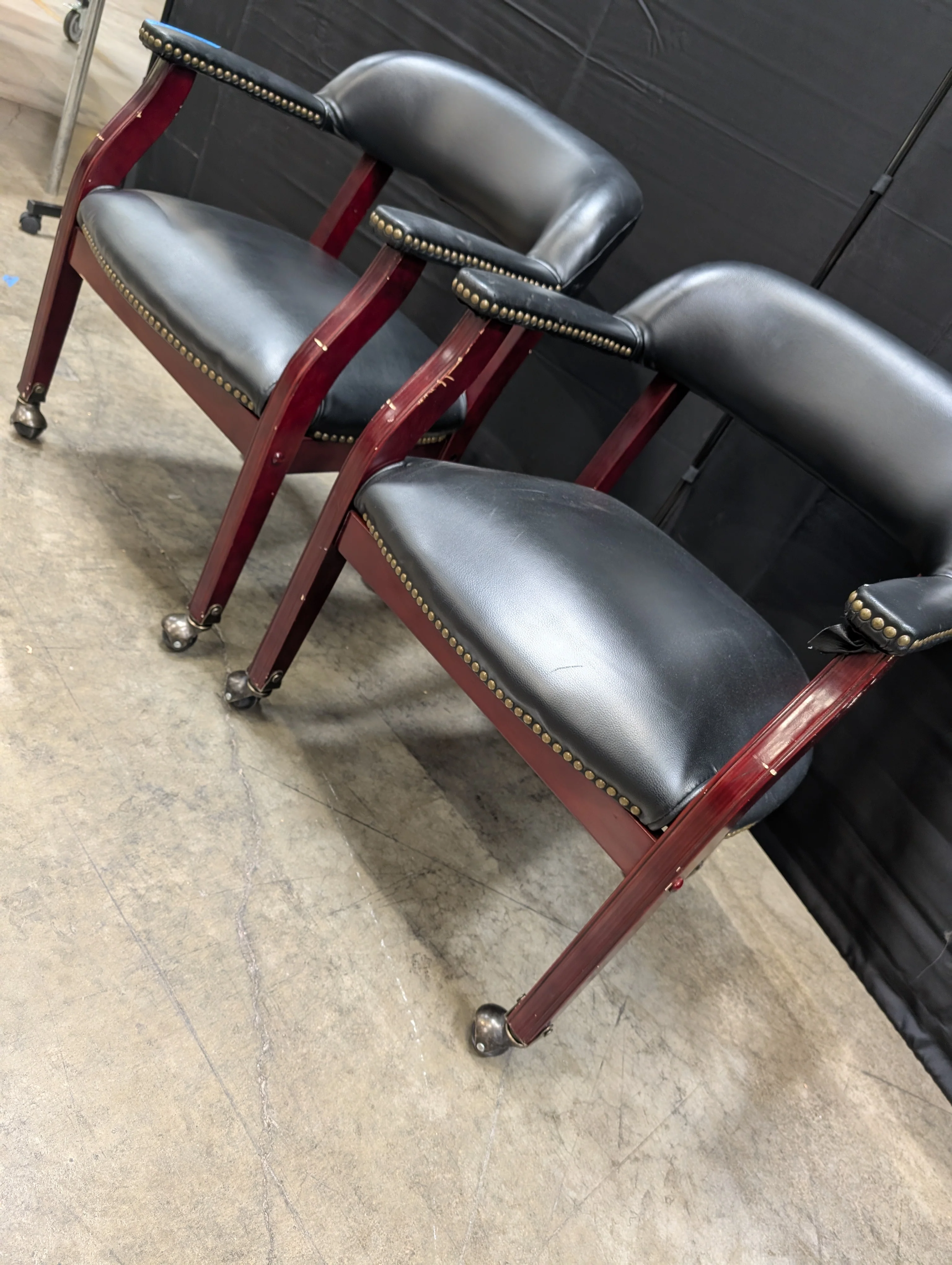 Pair of Traditional Black Upholstered Armchairs with Dark Wood Frames - Image 3