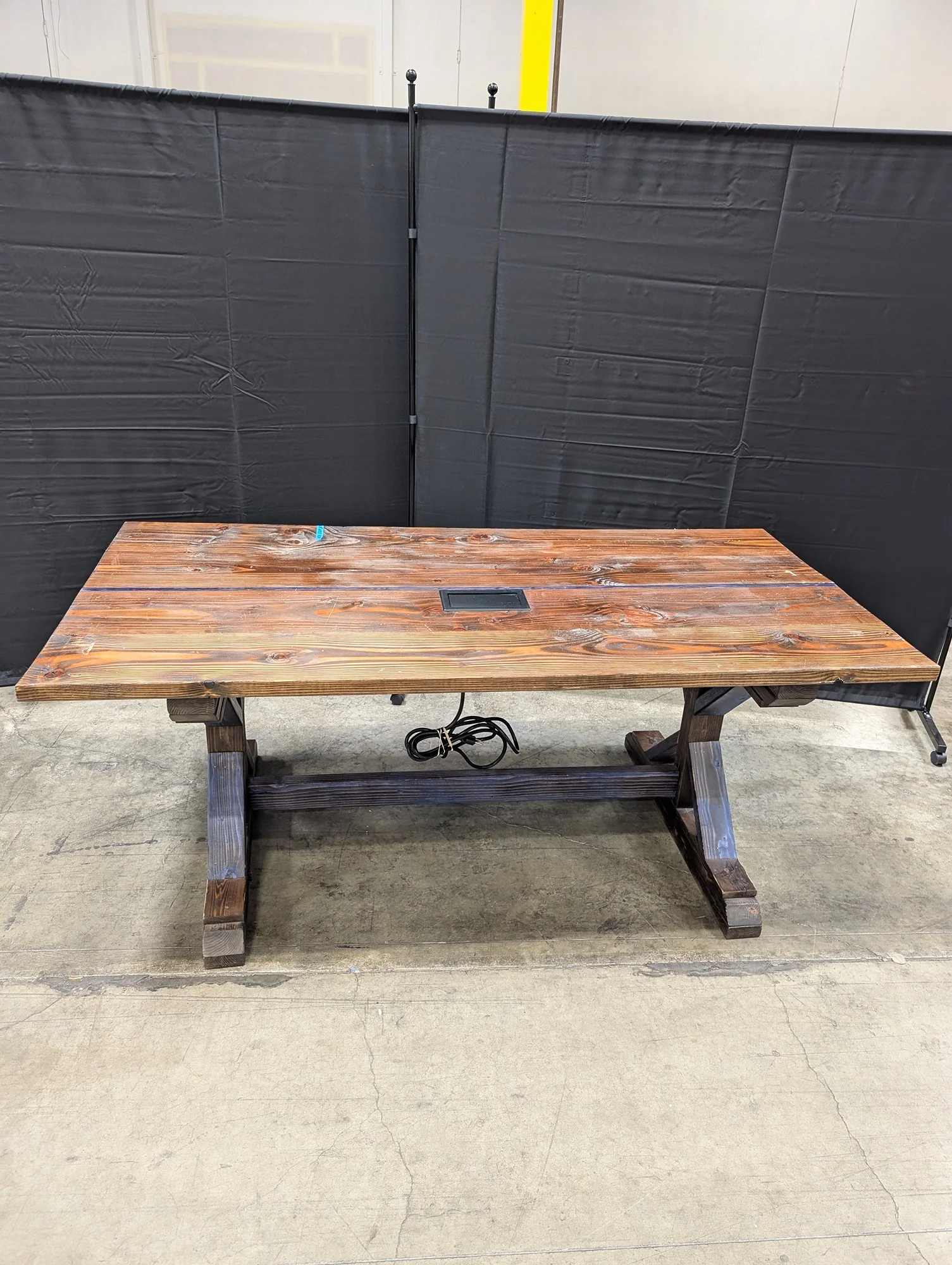 Rustic Solid Wood Trestle Table with Integrated Power Module