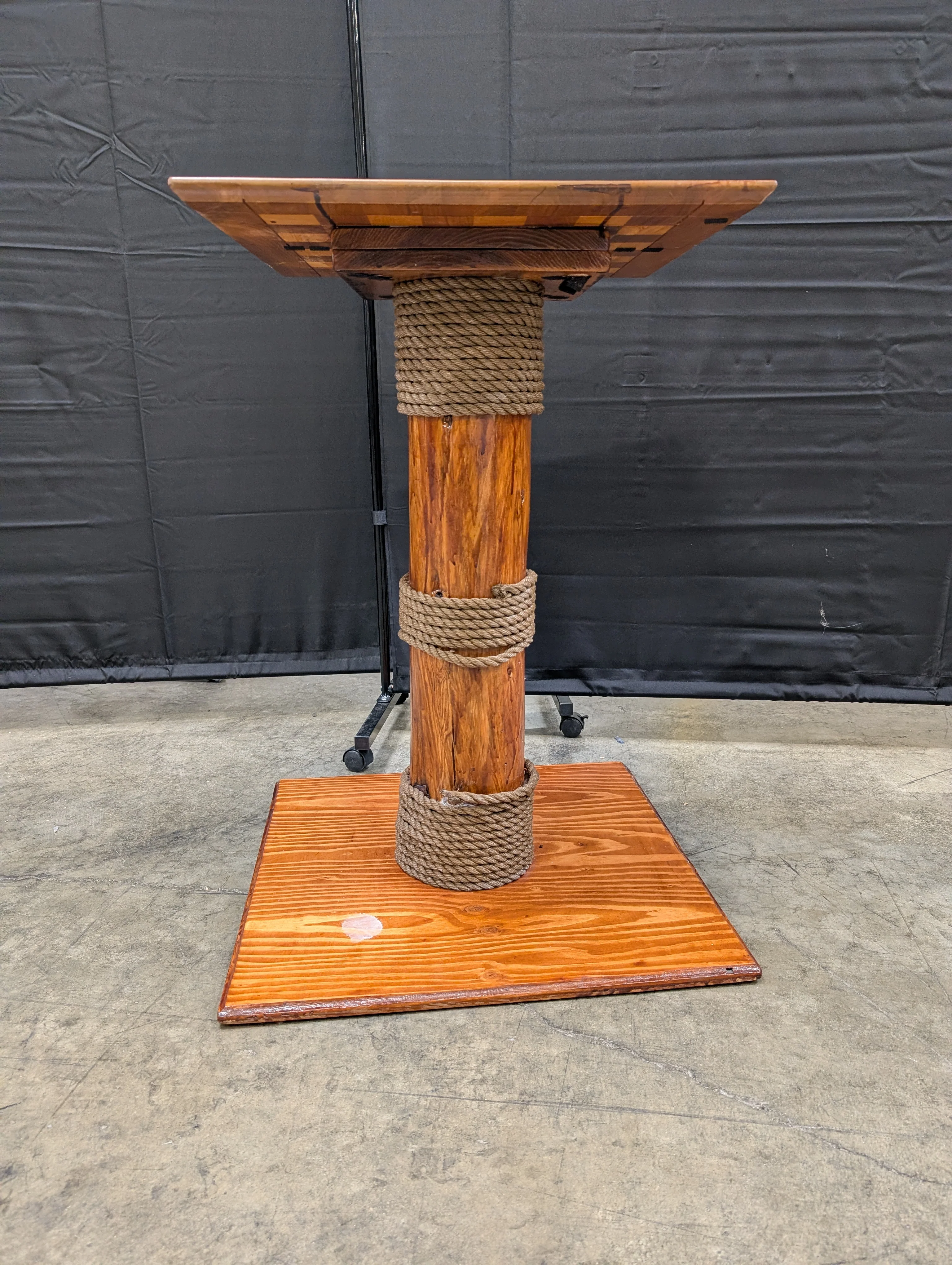 Rustic Wood Inlaid Chess Game Table with Rope Pedestal Base - Image 3
