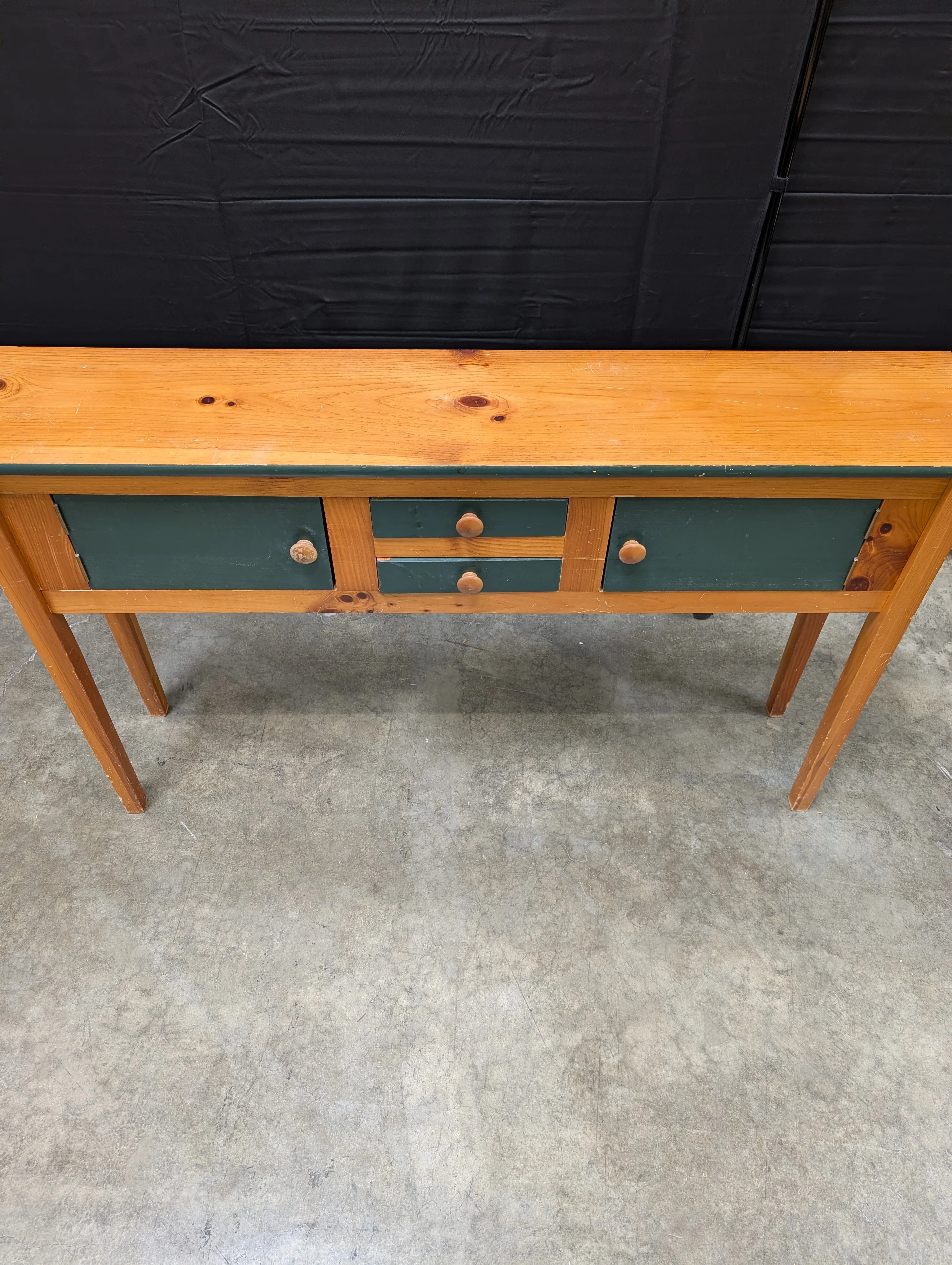 Rustic Wood Console Table with Dark Green Cabinetry - Image 2