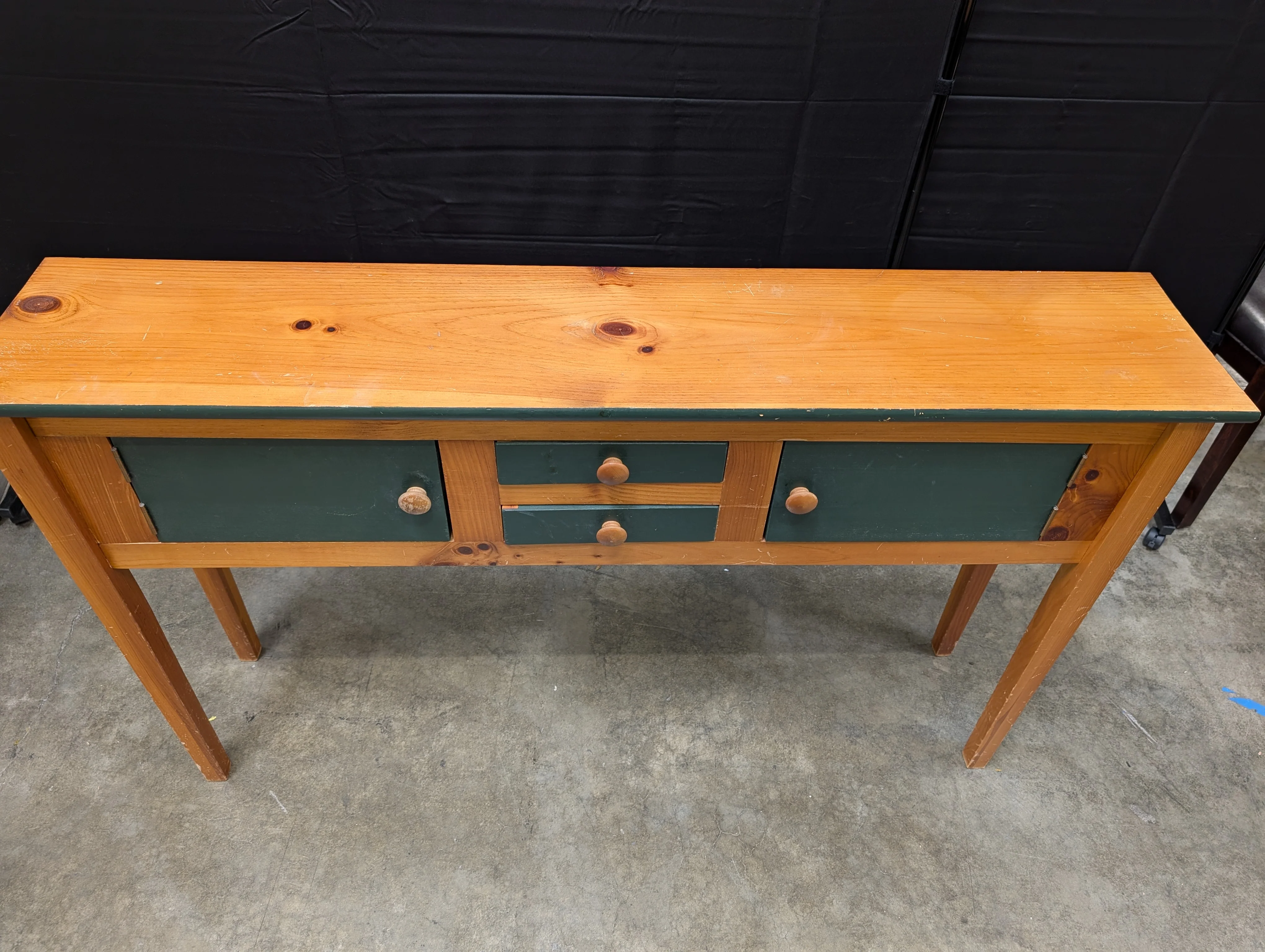 Rustic Wood Console Table with Dark Green Cabinetry - Image 3