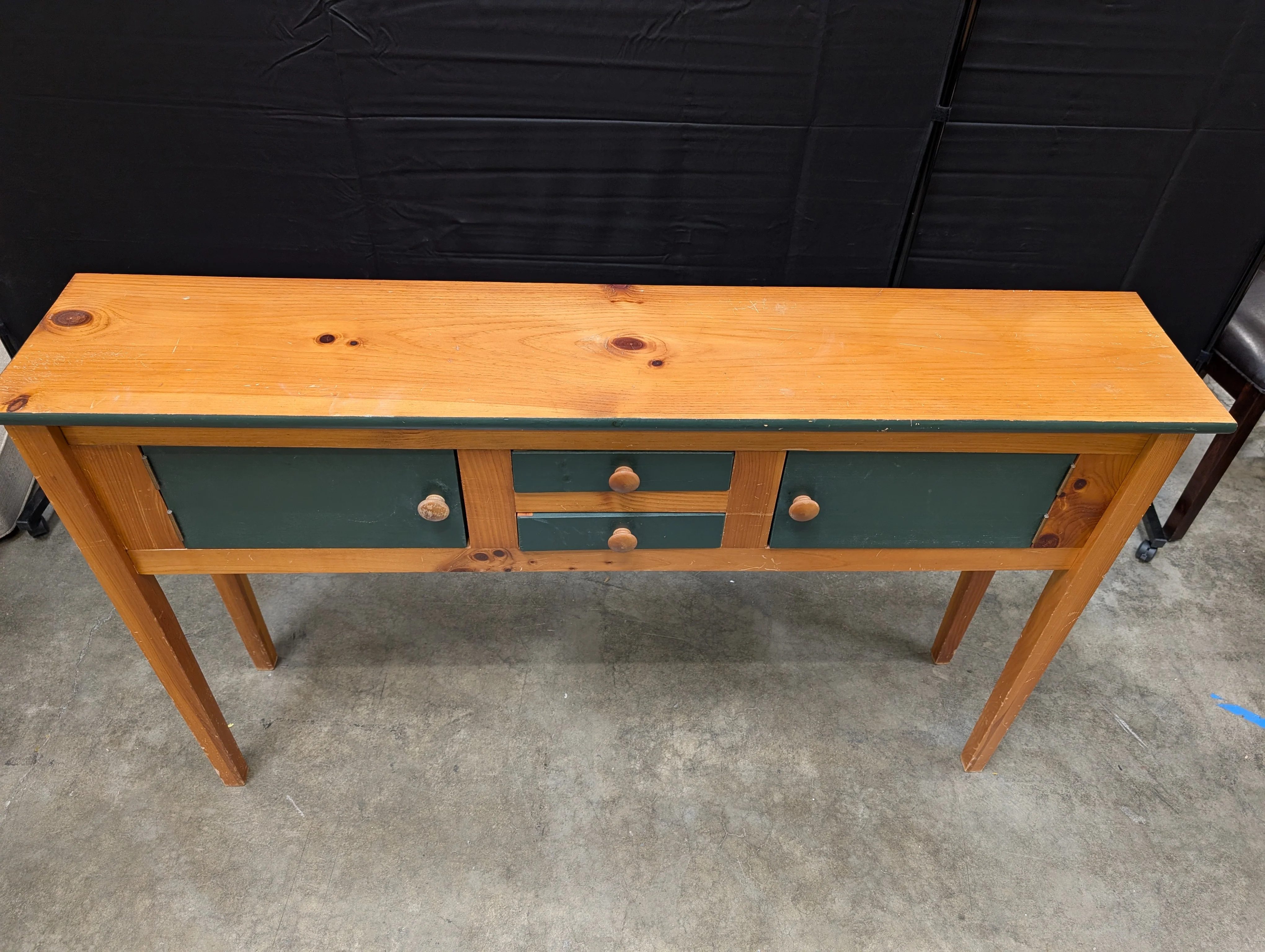 Rustic Wood Console Table with Dark Green Cabinetry - Image 4