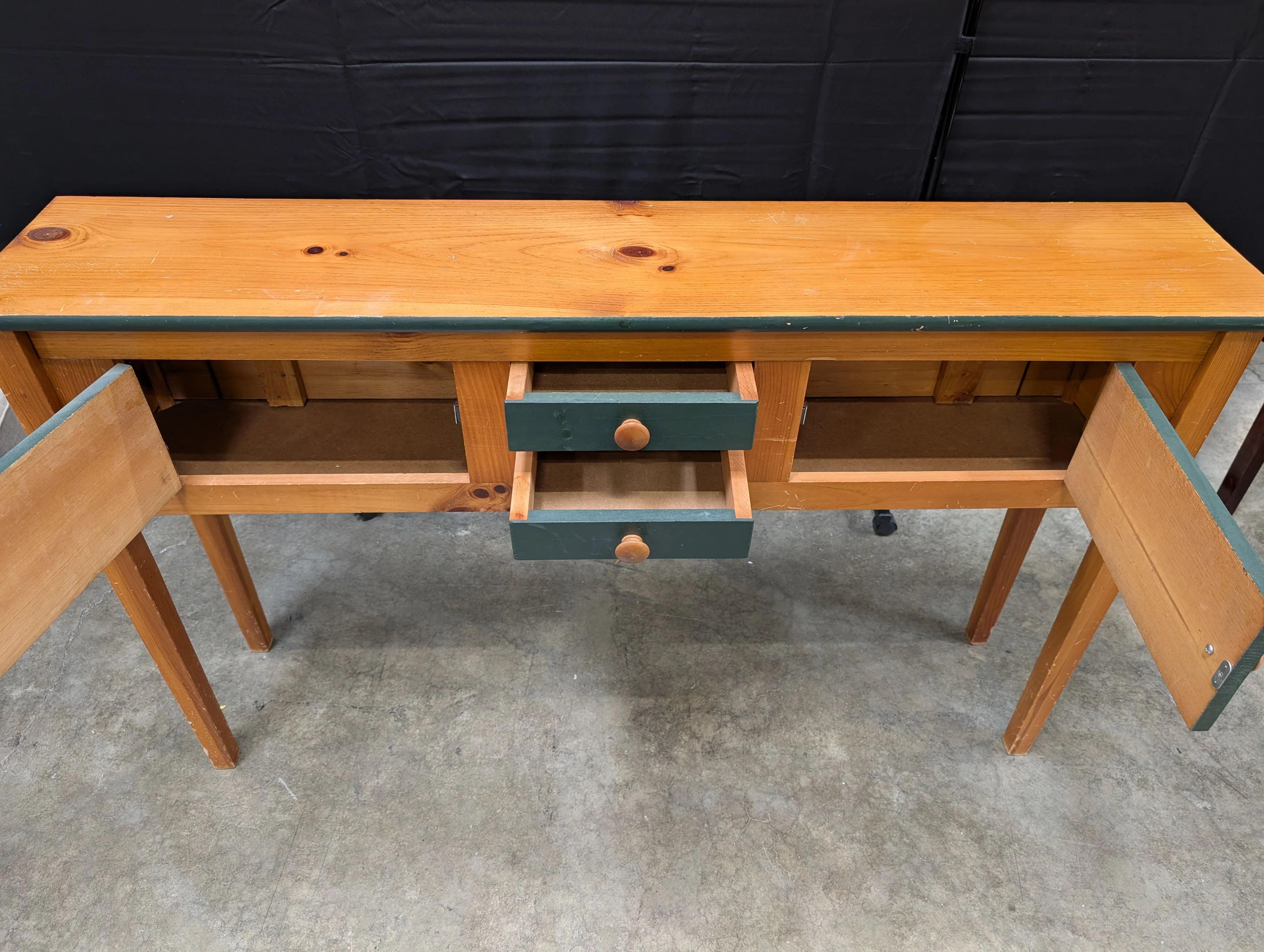 Rustic Wood Console Table with Dark Green Cabinetry - Image 5
