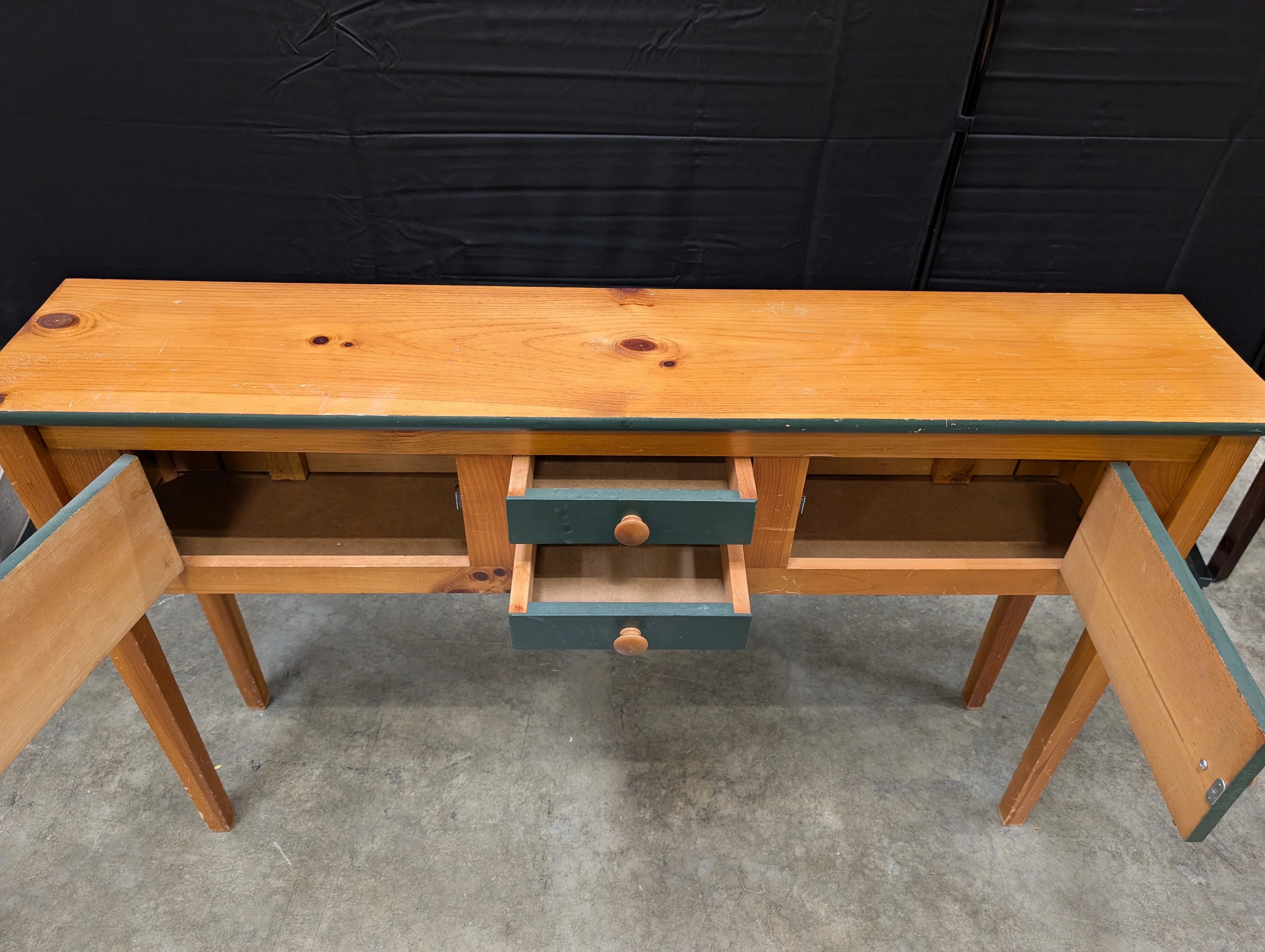Rustic Wood Console Table with Dark Green Cabinetry - Image 6
