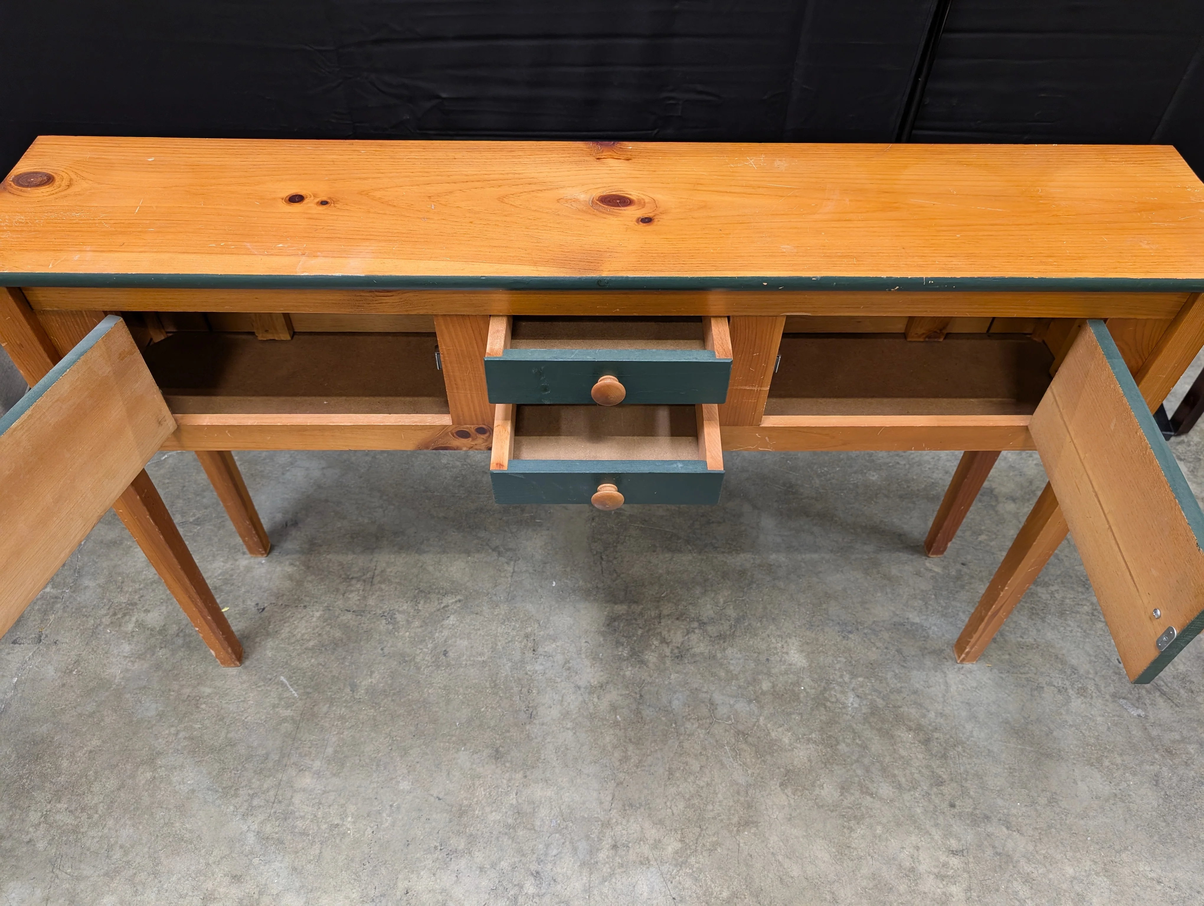 Rustic Wood Console Table with Dark Green Cabinetry - Image 7