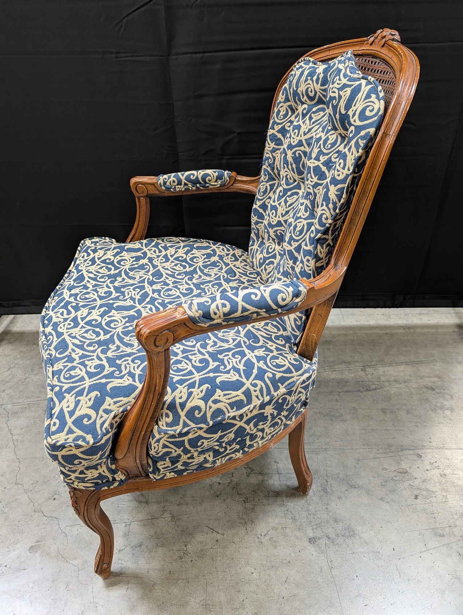 French Provincial Carved Wood Armchair with Cane Back - Image 3