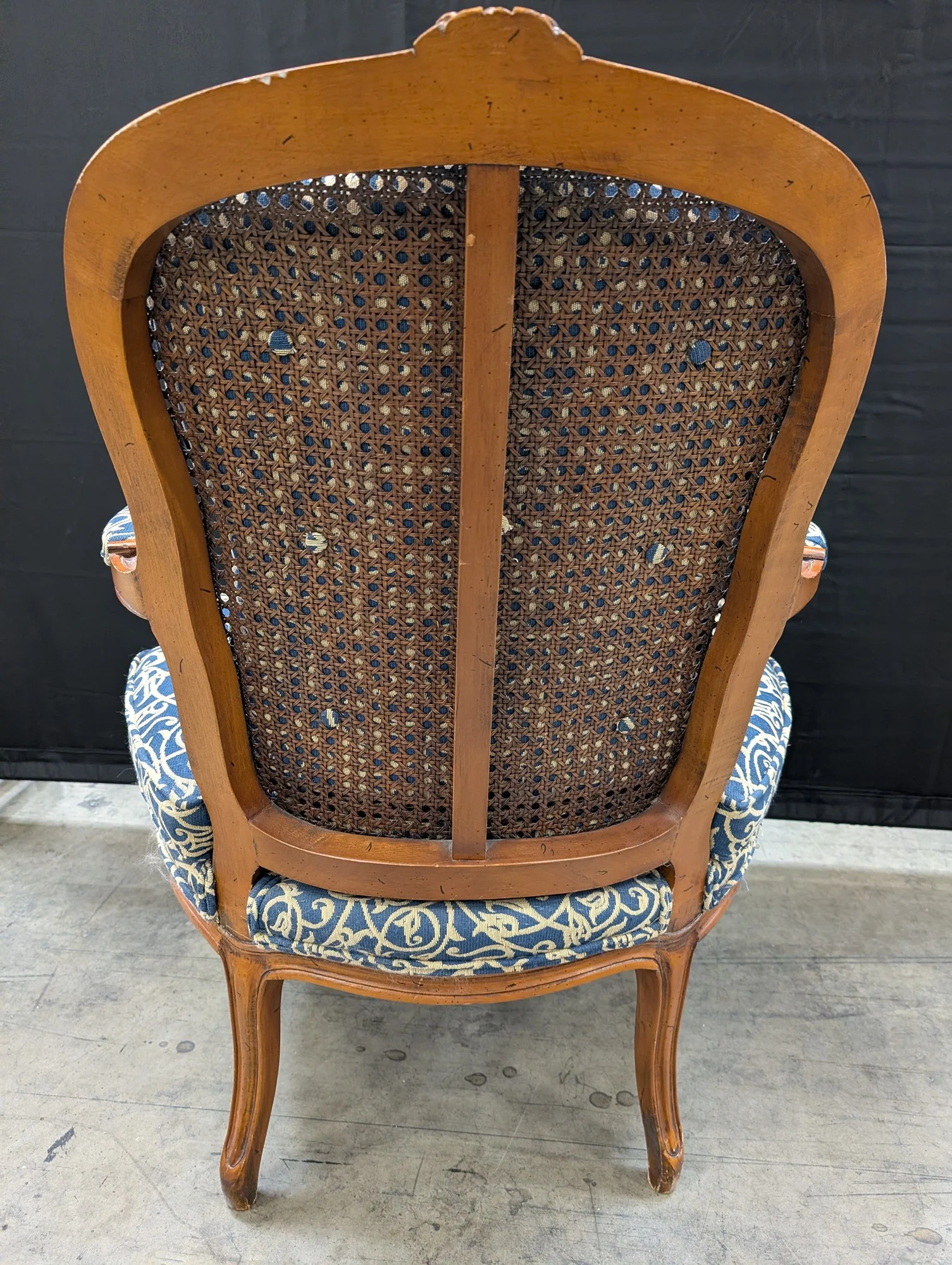 French Provincial Carved Wood Armchair with Cane Back - Image 4