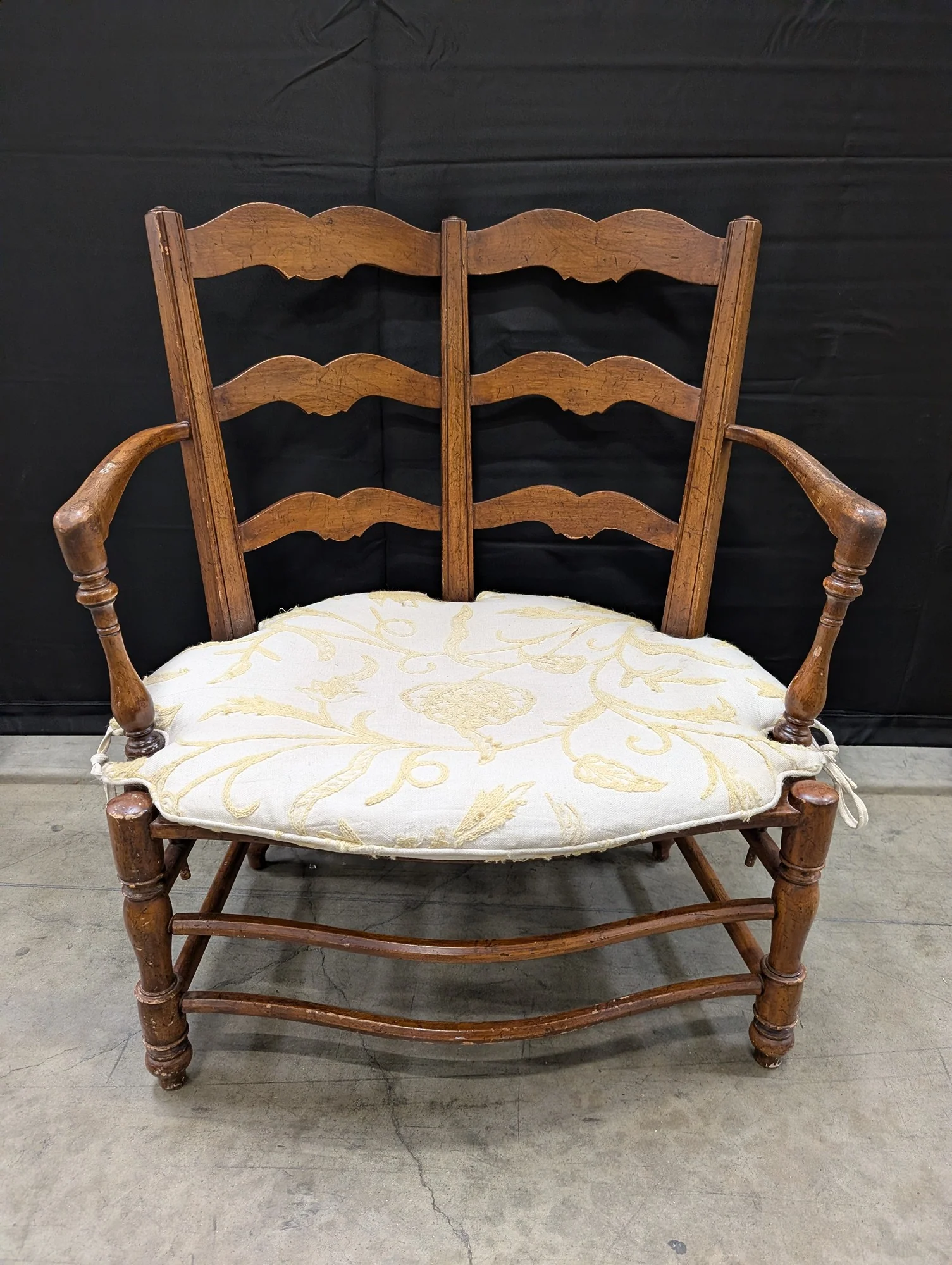 Vintage Ladder Back Armchair with Cane Seat and Floral Cushion