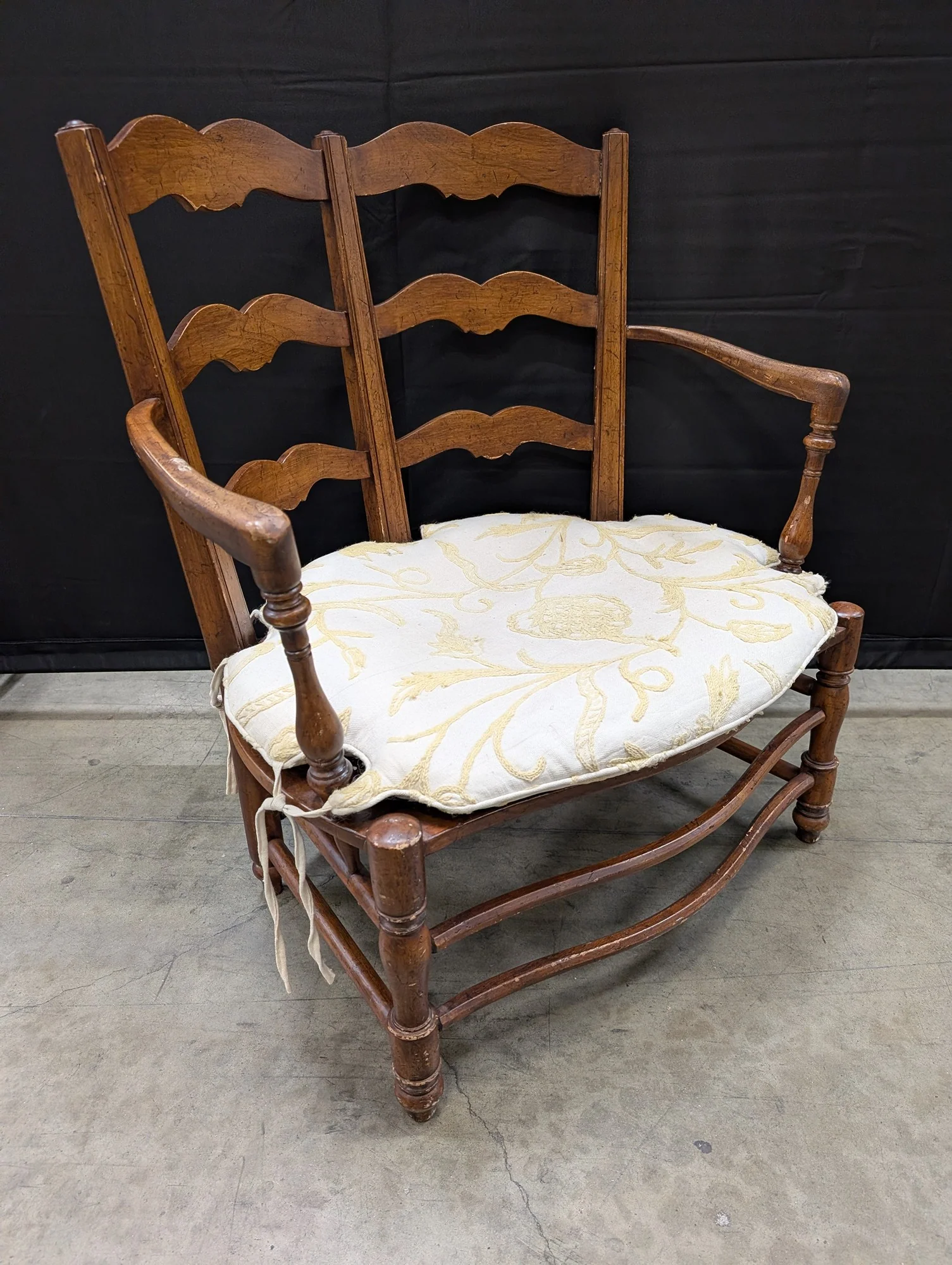 Vintage Ladder Back Armchair with Cane Seat and Floral Cushion - Image 2