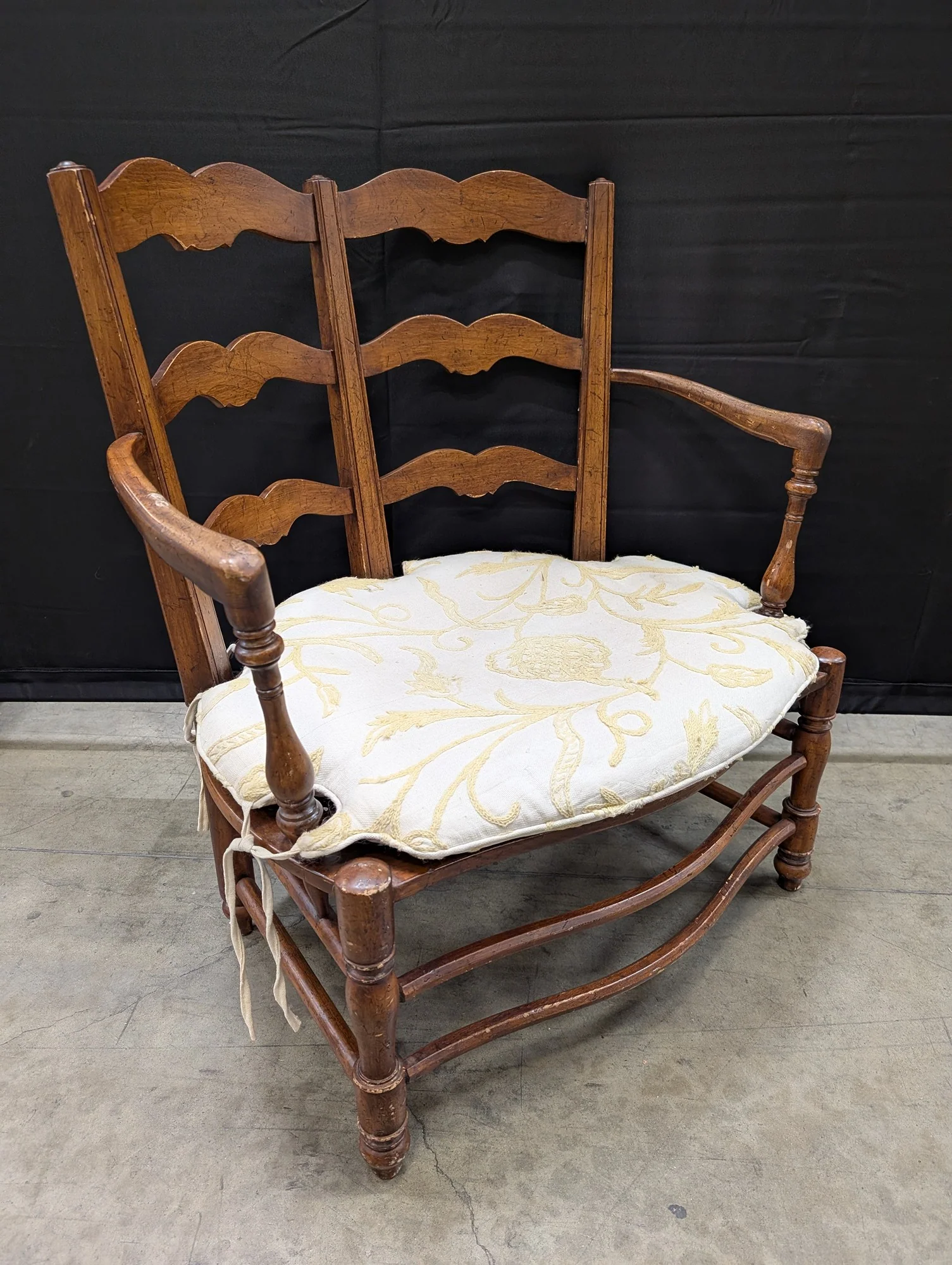 Vintage Ladder Back Armchair with Cane Seat and Floral Cushion - Image 3