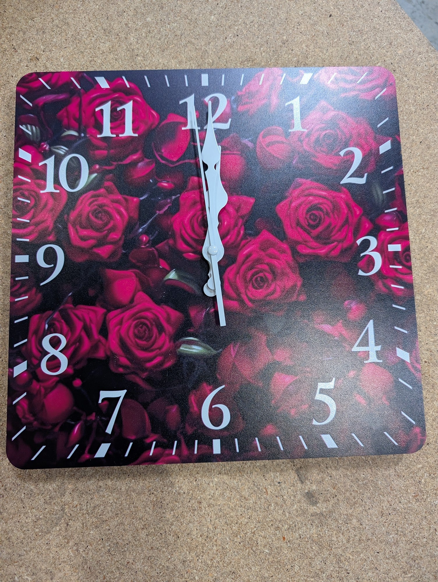 Vibrant Red Rose Floral Wall Clock, Square Home Decor Timepiece - Image 2