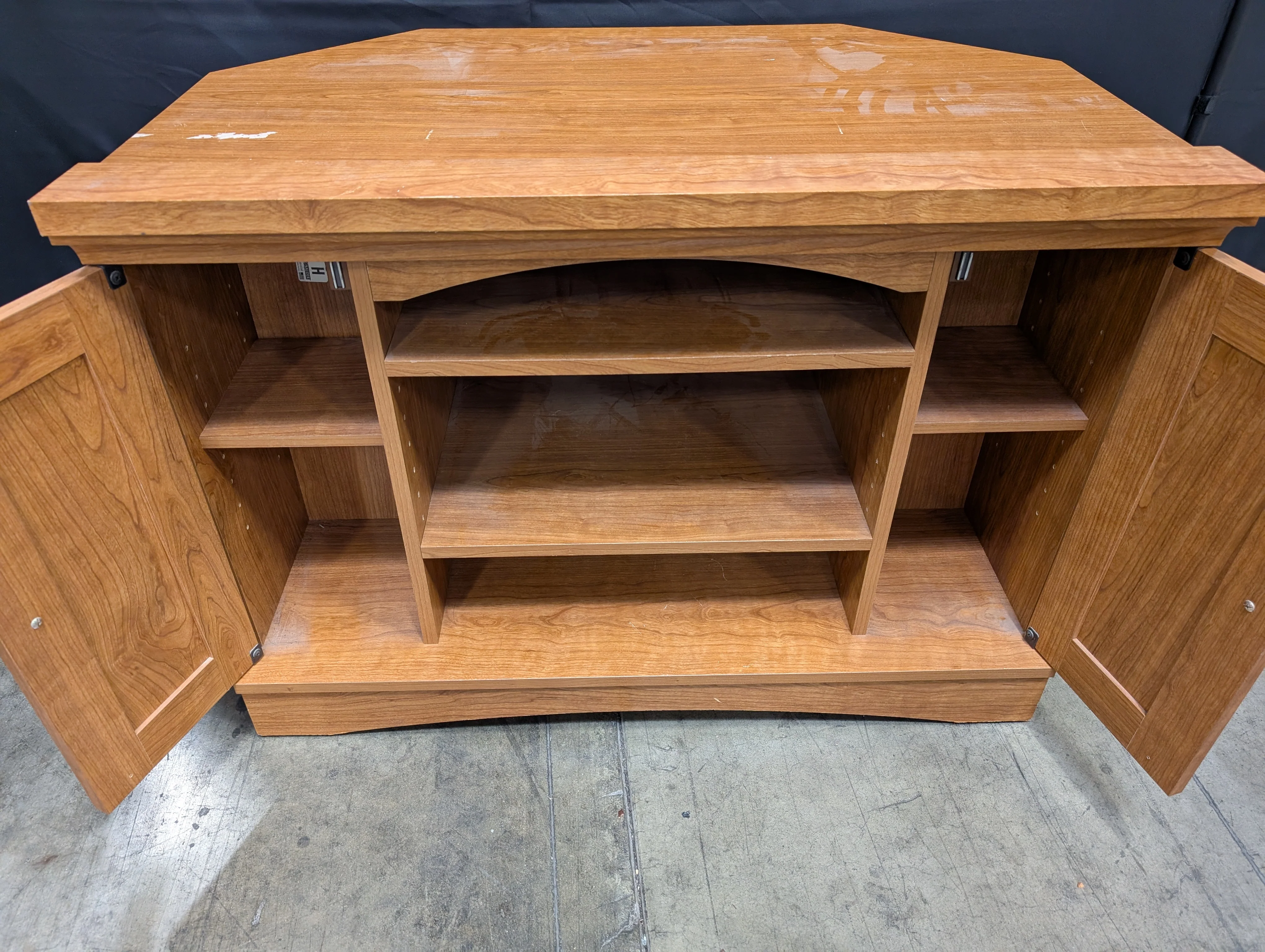 Cherry Toned Wood Media Cabinet with Open Shelving - Image 4