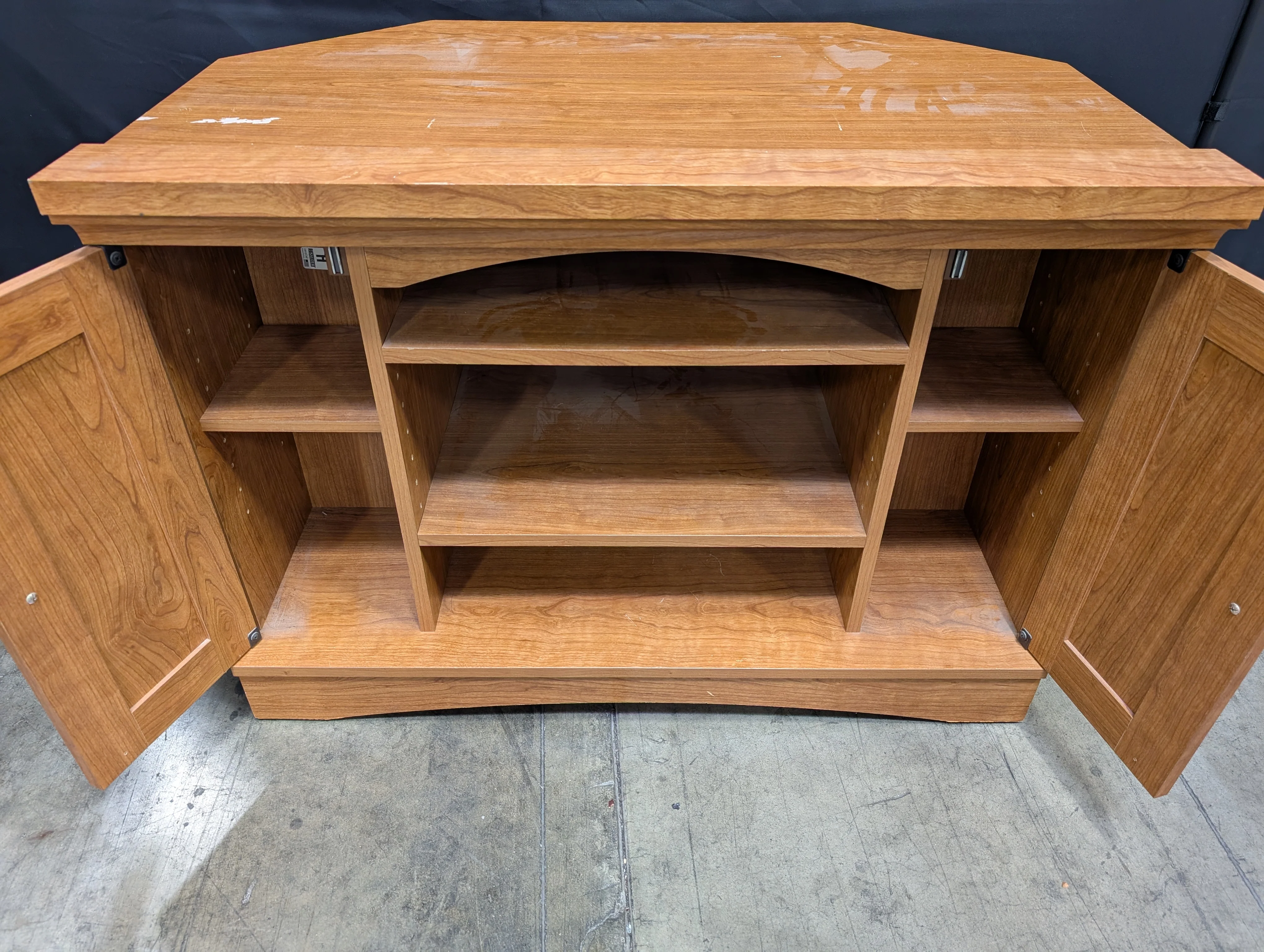 Cherry Toned Wood Media Cabinet with Open Shelving - Image 5