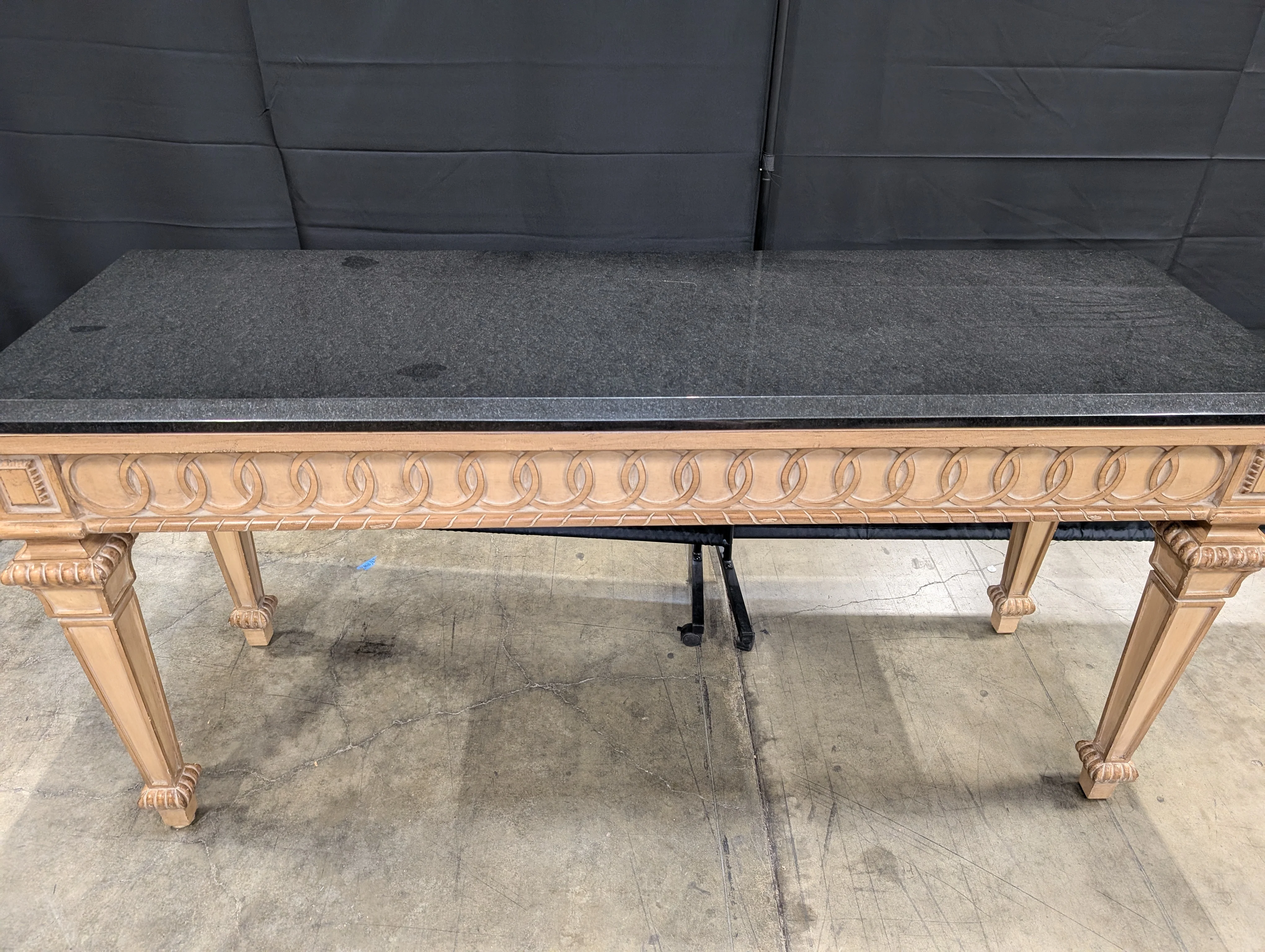 Ornate Carved Wood Console Table with Dark Stone Top - Image 2
