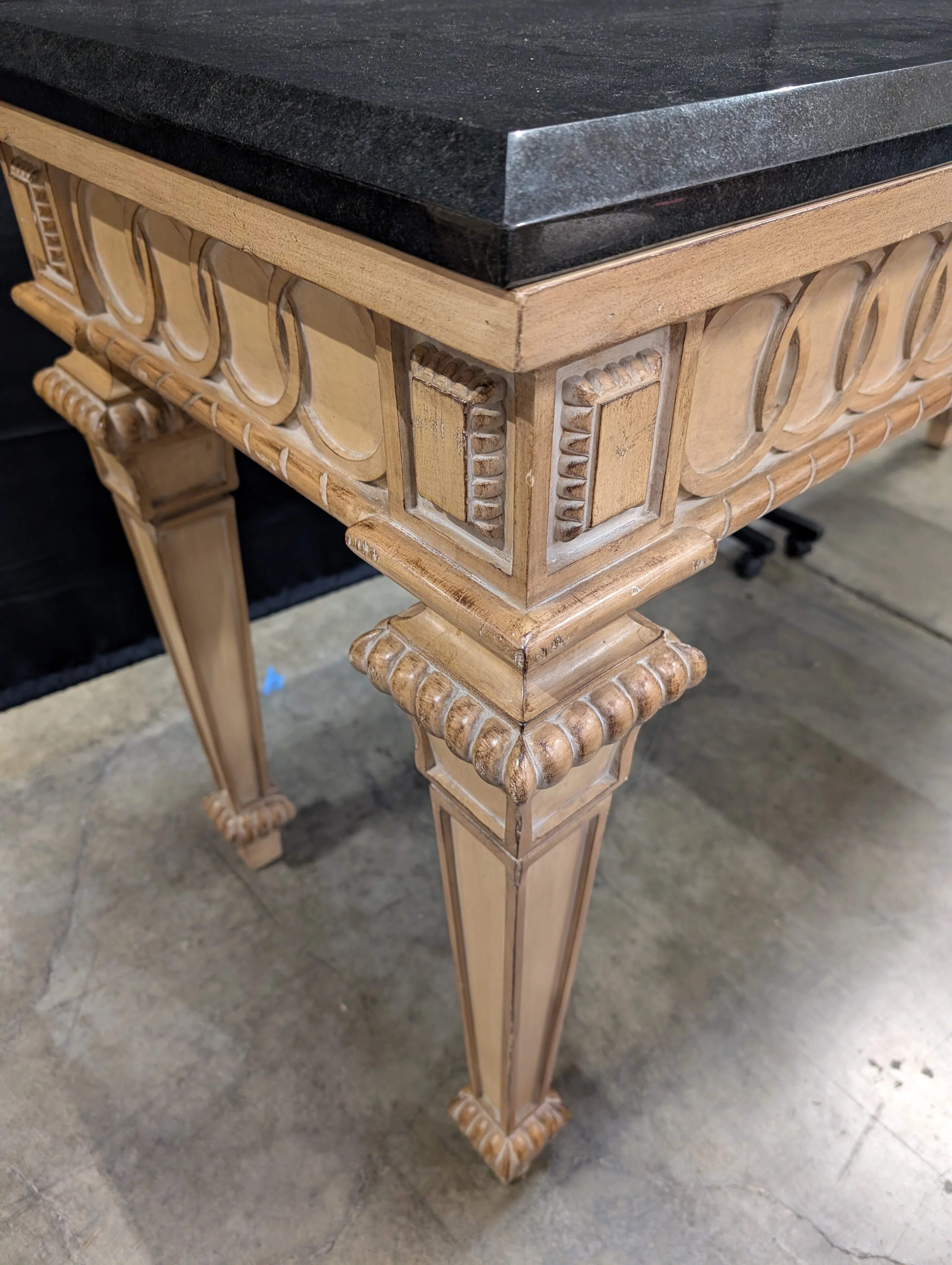 Ornate Carved Wood Console Table with Dark Stone Top - Image 3