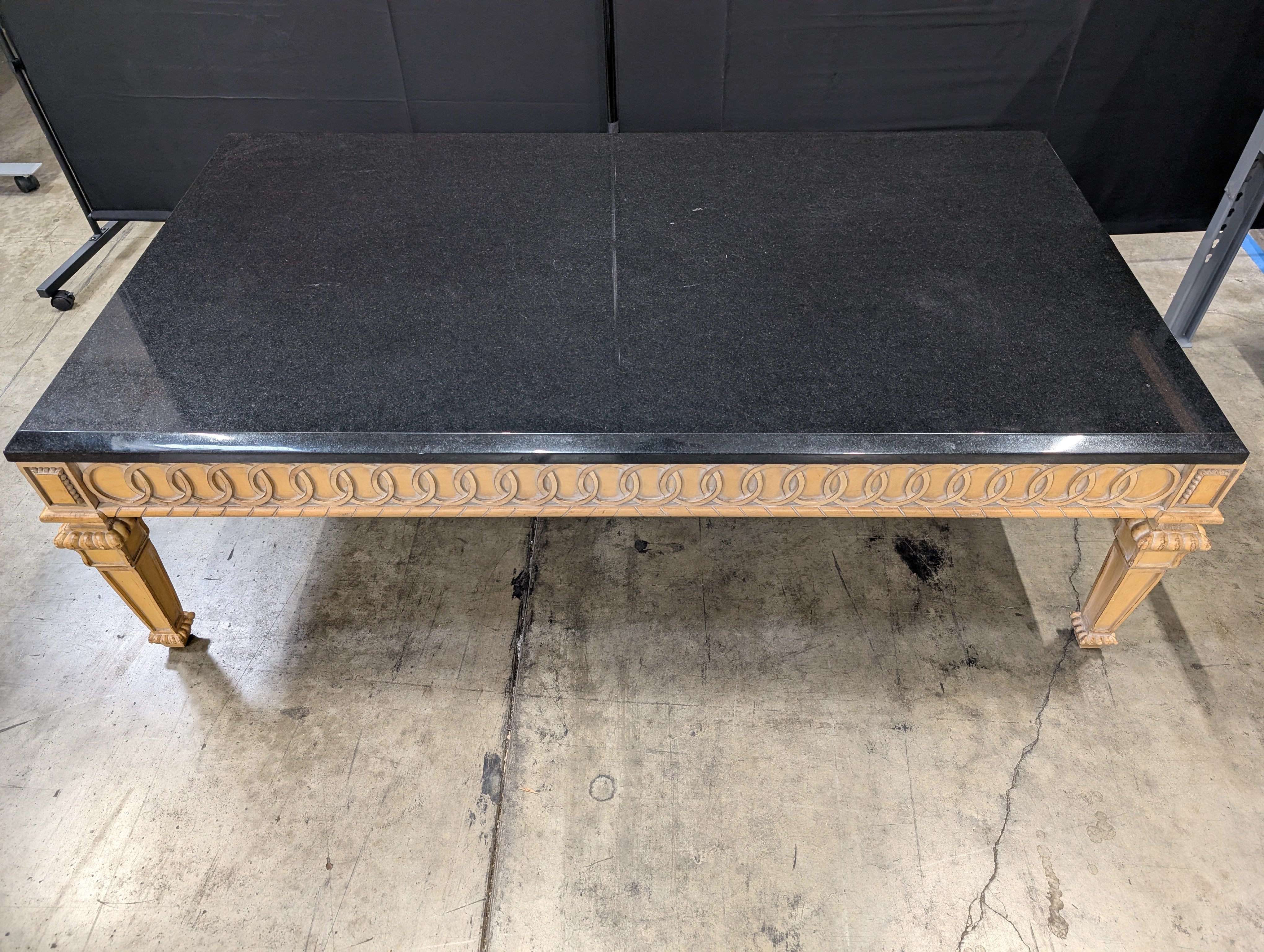 Ornate Carved Wood Base Black Top Rectangular Dining Table