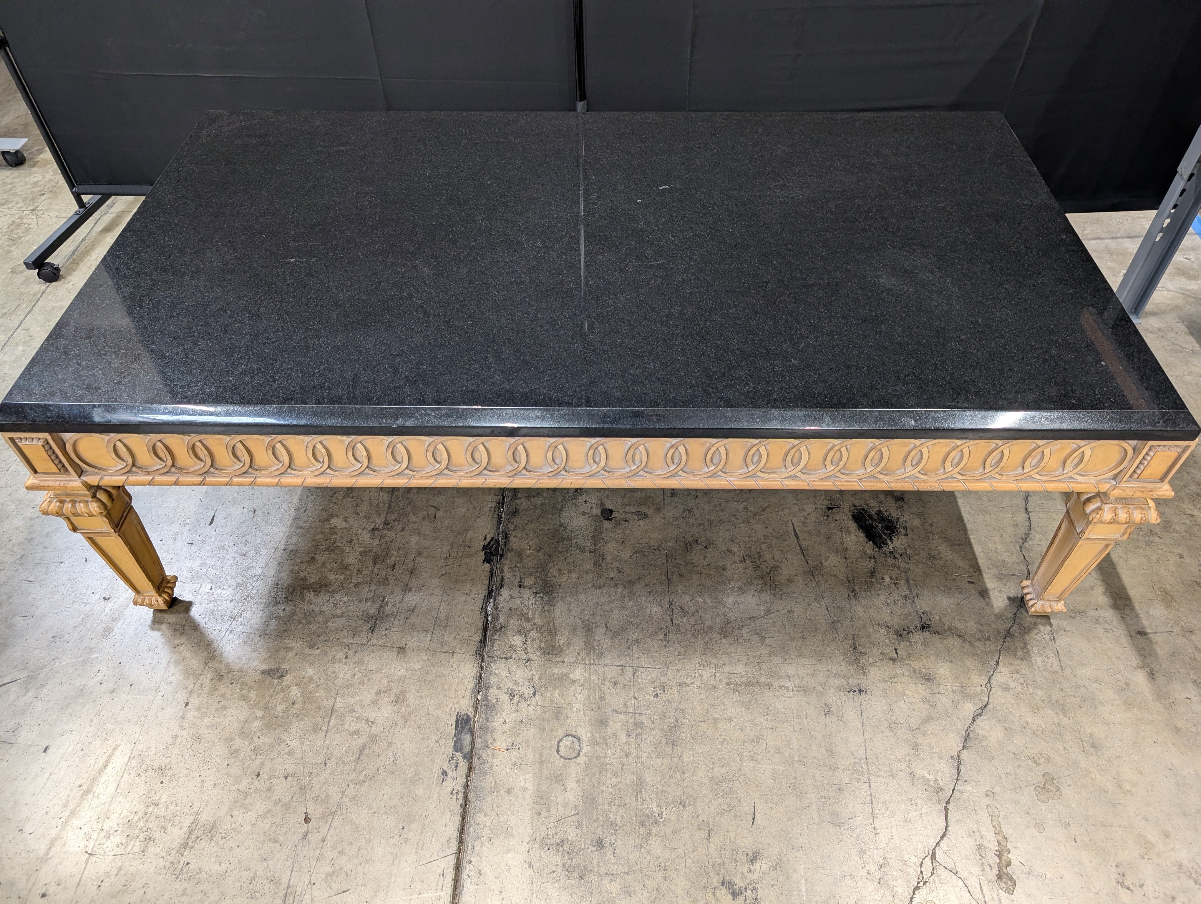 Ornate Carved Wood Base Black Top Rectangular Dining Table - Image 3