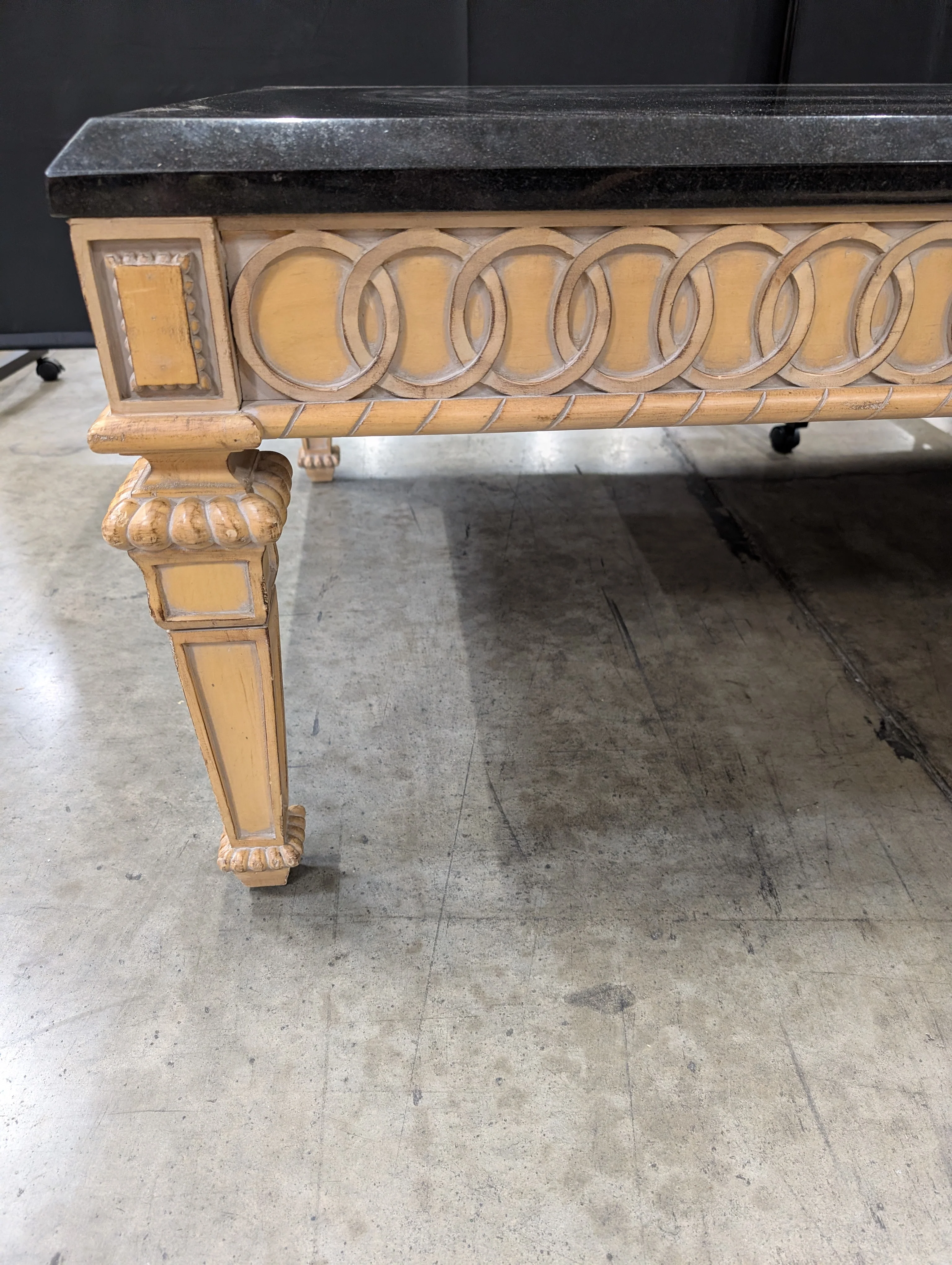 Ornate Carved Wood Base Black Top Rectangular Dining Table - Image 4