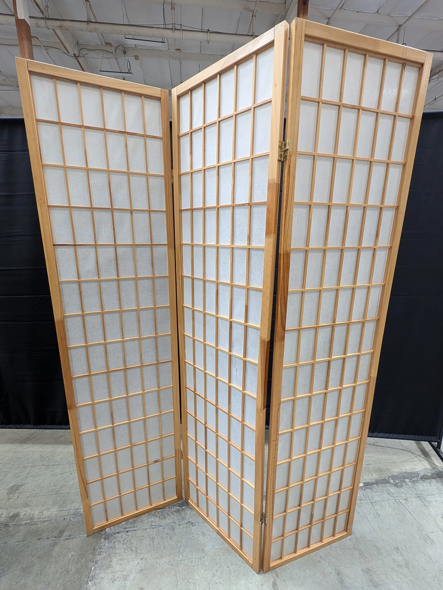 Three-Panel Wood and Paper Folding Room Divider Screen - Image 2