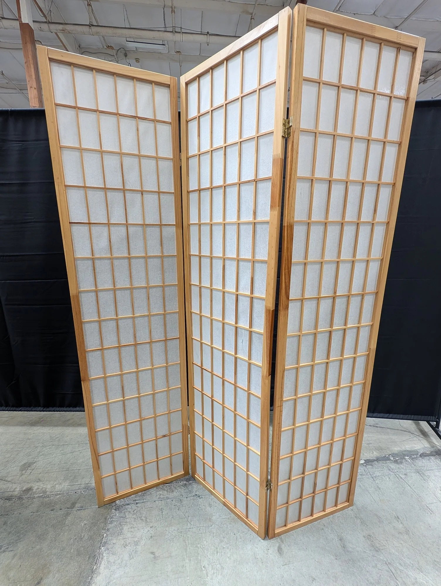 Three-Panel Wood and Paper Folding Room Divider Screen - Image 3