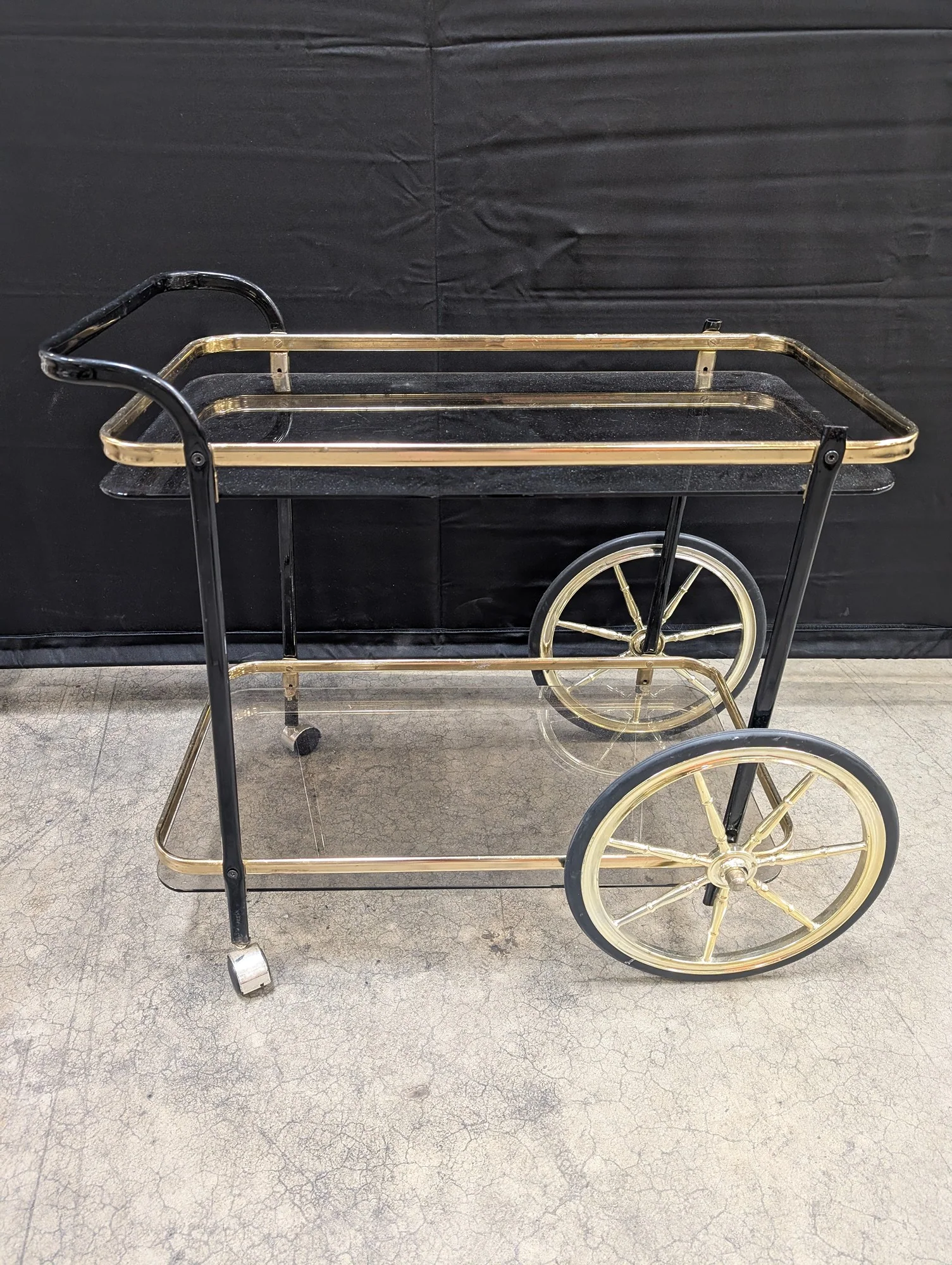Mid-Century Modern Gold Tone and Black Two-Tier Serving Cart - Image 5
