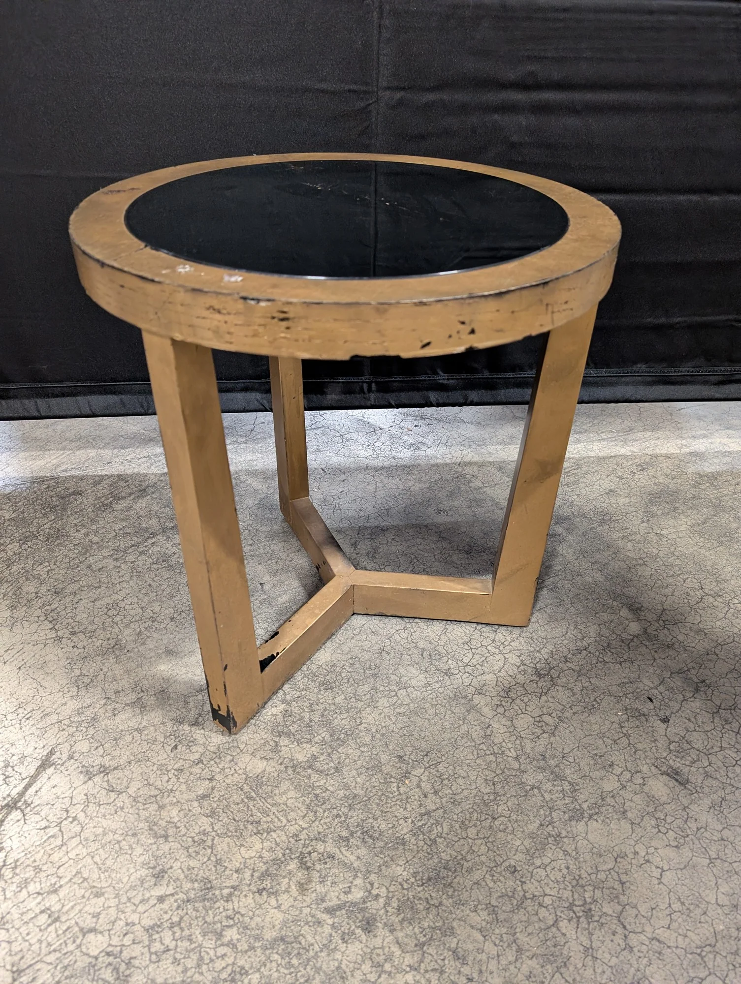 Round Wood Frame Side Table with Black Glass Top