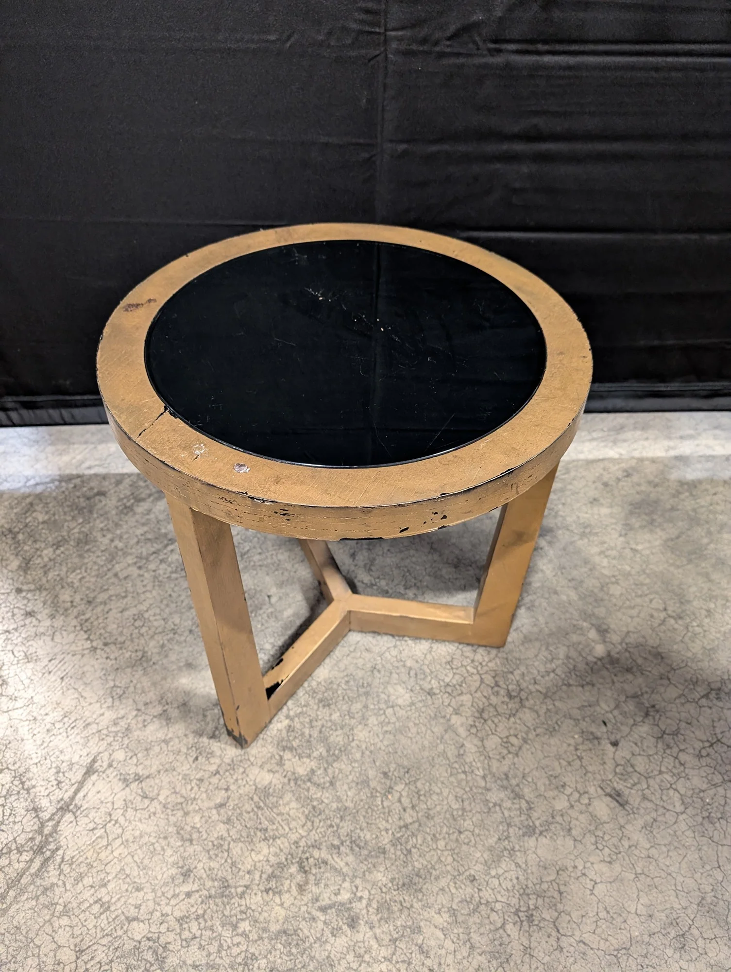 Round Wood Frame Side Table with Black Glass Top - Image 2