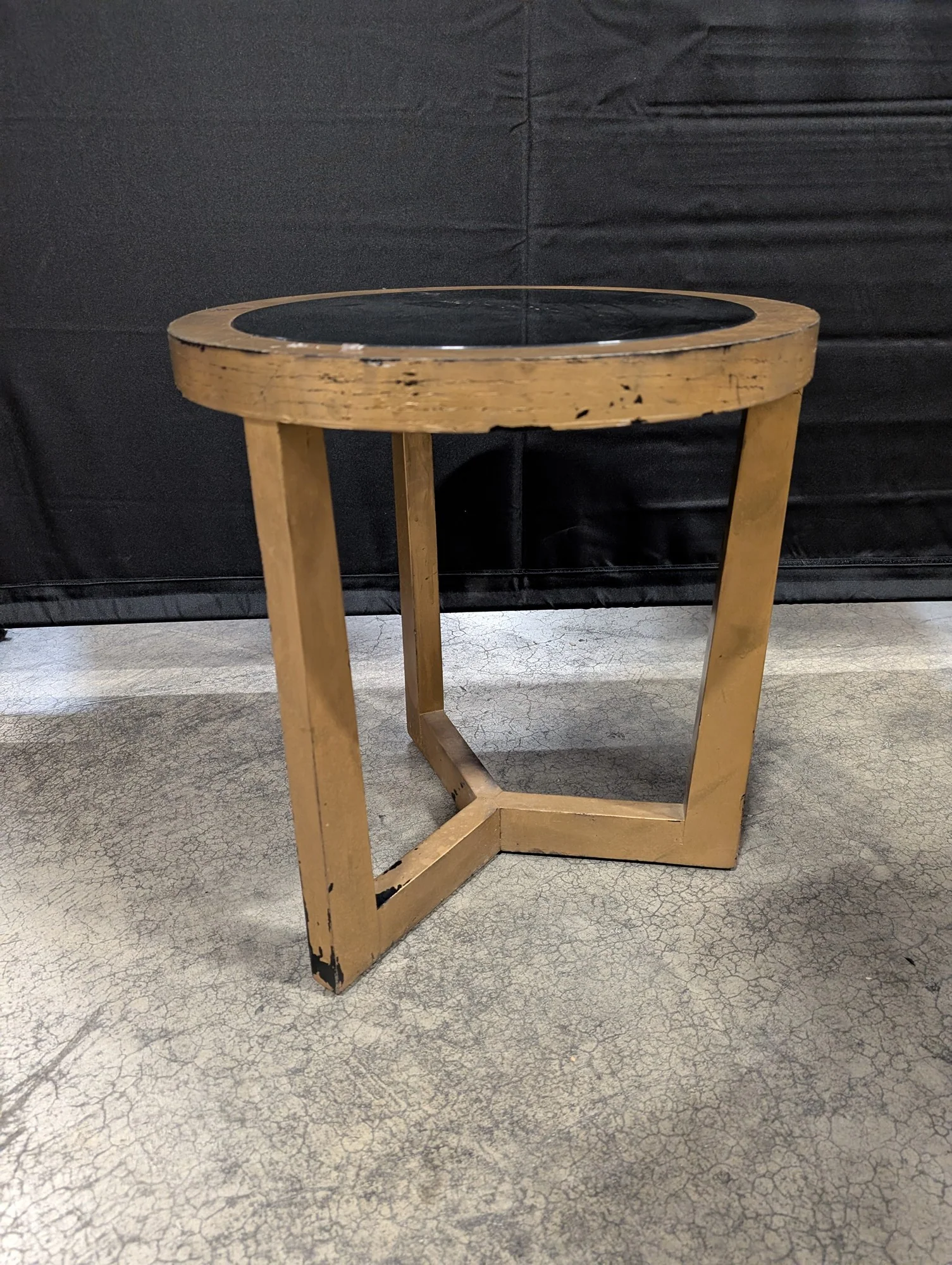 Round Wood Frame Side Table with Black Glass Top - Image 3