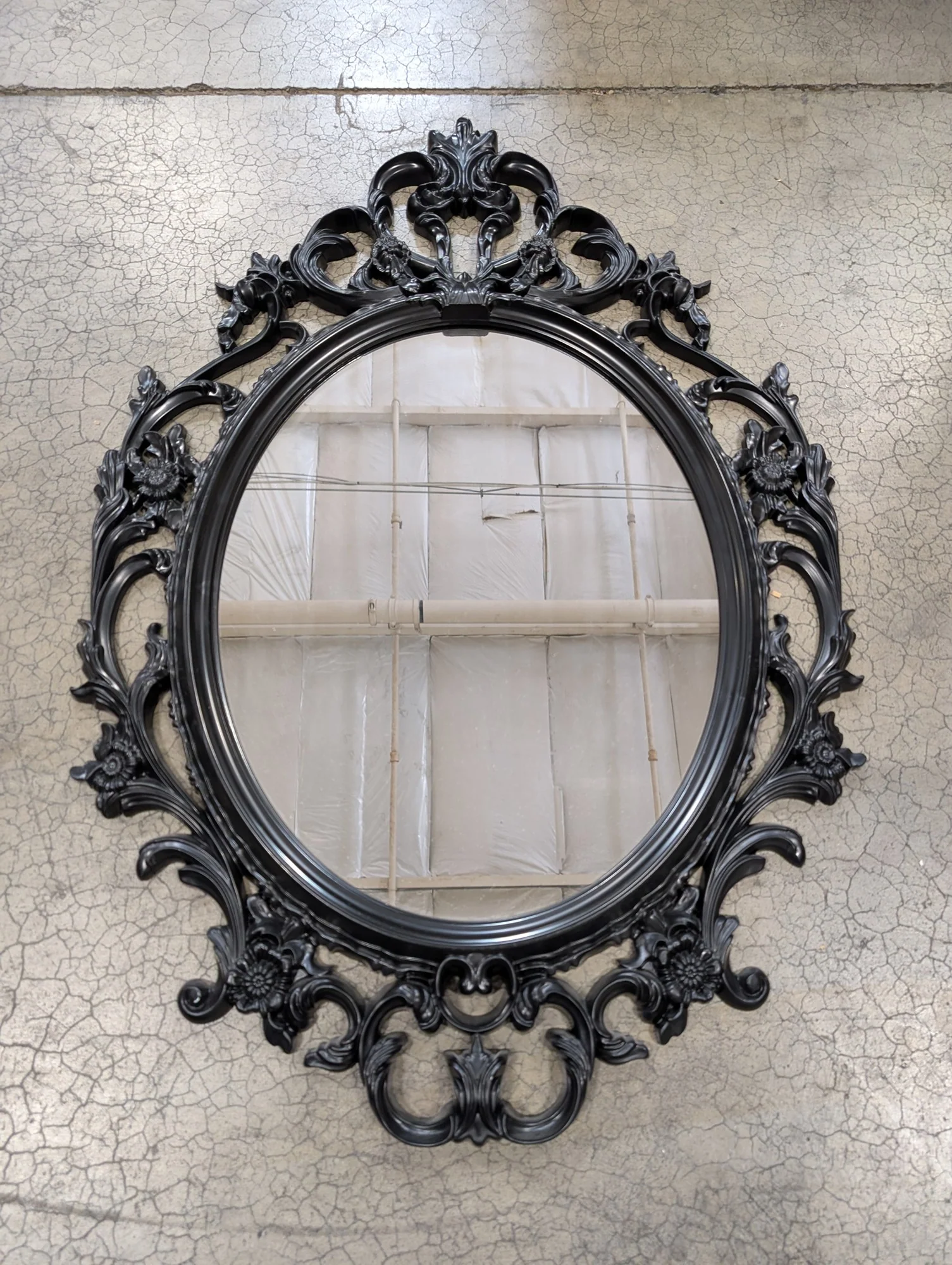 Ornate Black Oval Wall Mirror with Rococo-Inspired Plastic Frame - Image 2