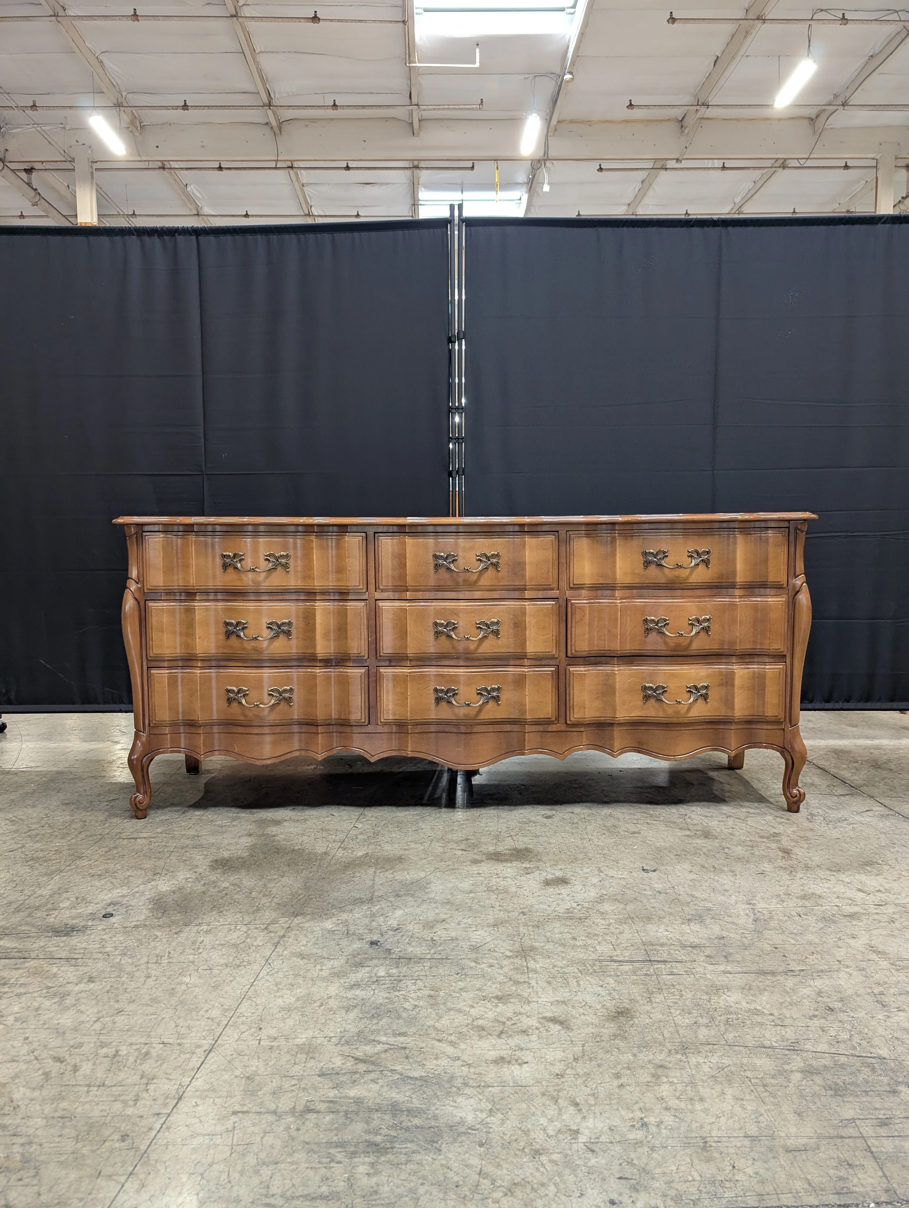 Vintage French Provincial Bombe Wood Dresser with Ornate Brass Hardware