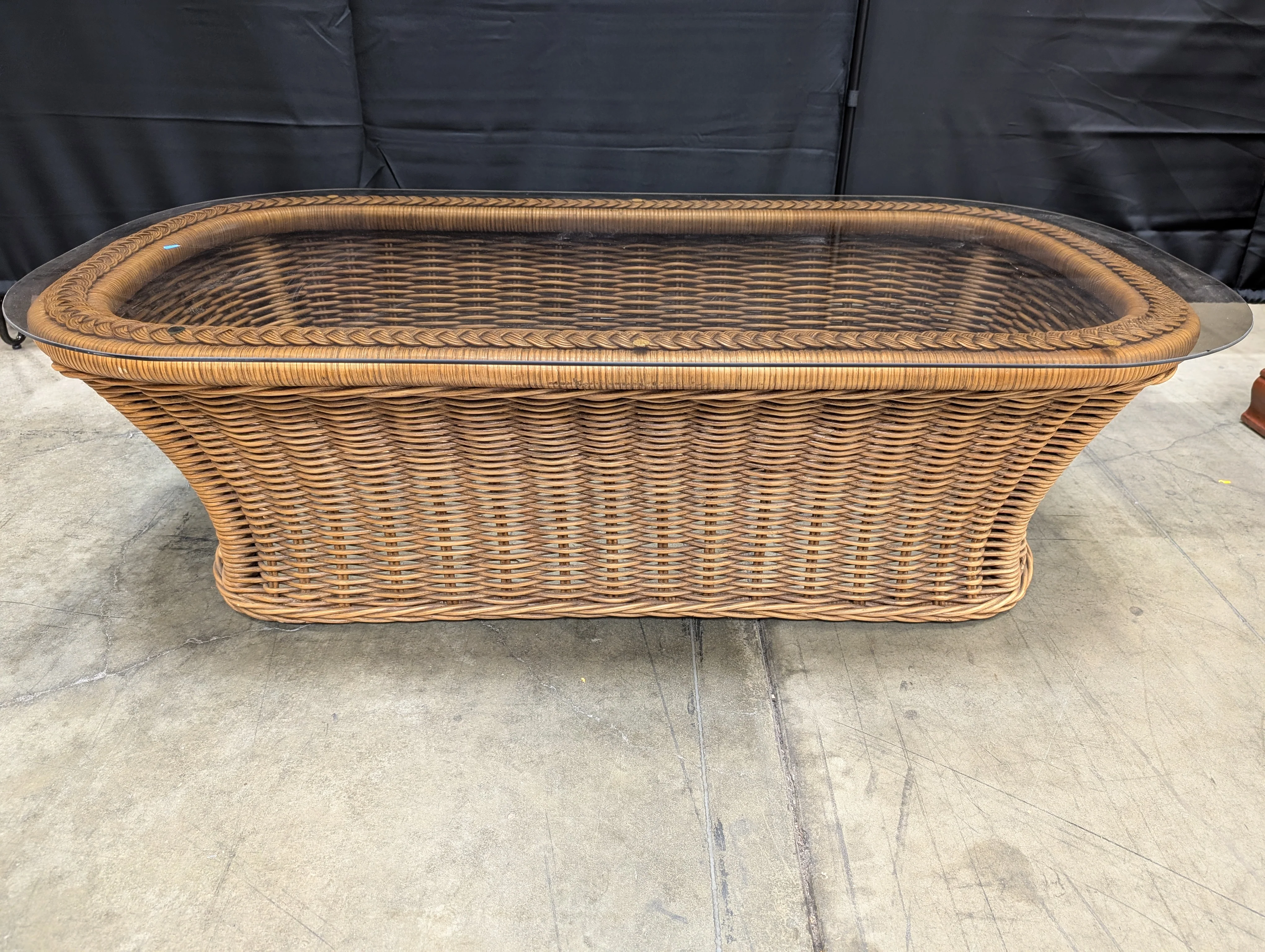 Long Woven Rattan Glass Top Coffee Table