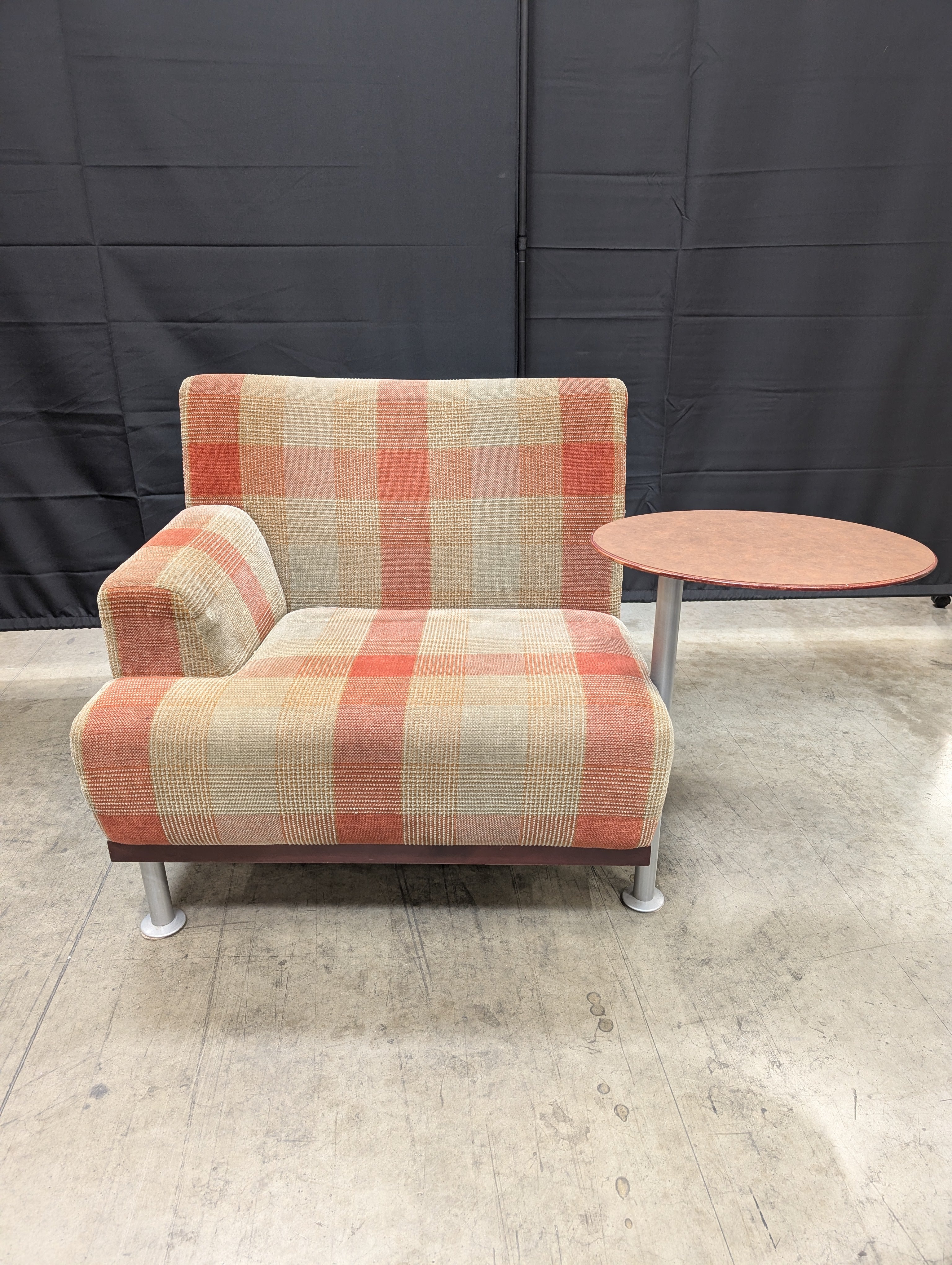 Retro Plaid Upholstered Lounge Chairs with Integrated Side Tables - Image 3