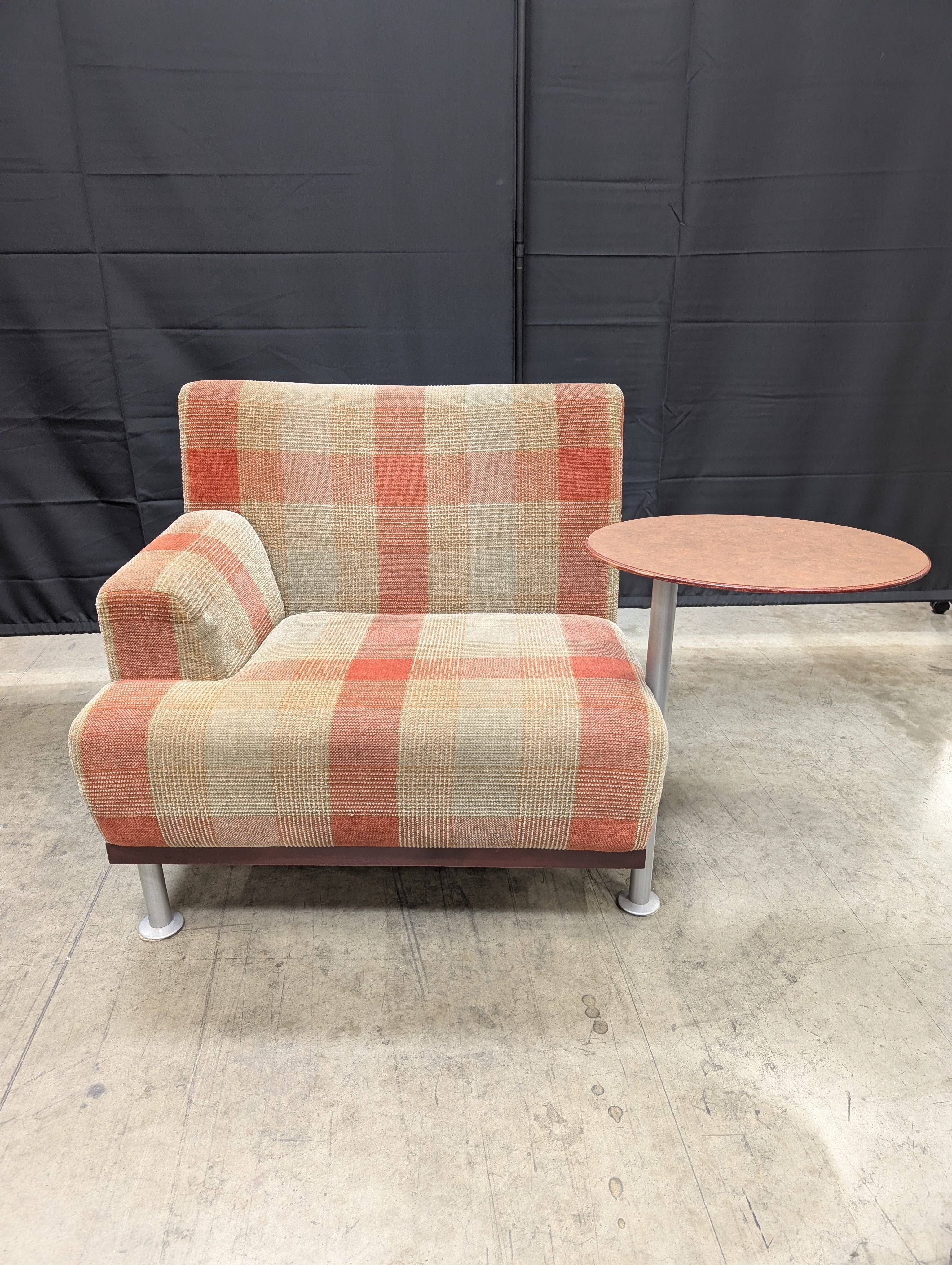 Retro Plaid Upholstered Lounge Chairs with Integrated Side Tables - Image 5