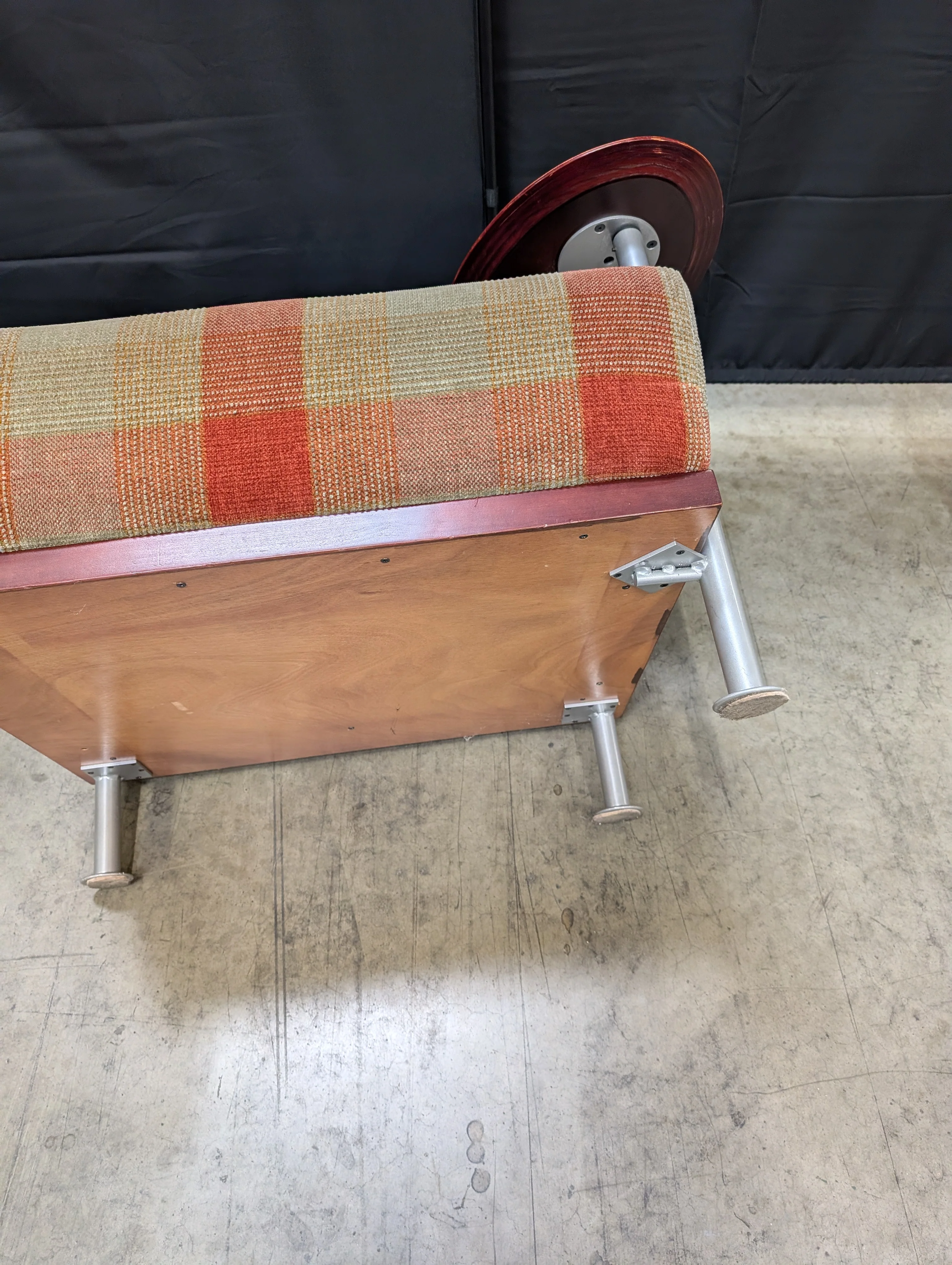 Retro Plaid Upholstered Lounge Chairs with Integrated Side Tables - Image 6