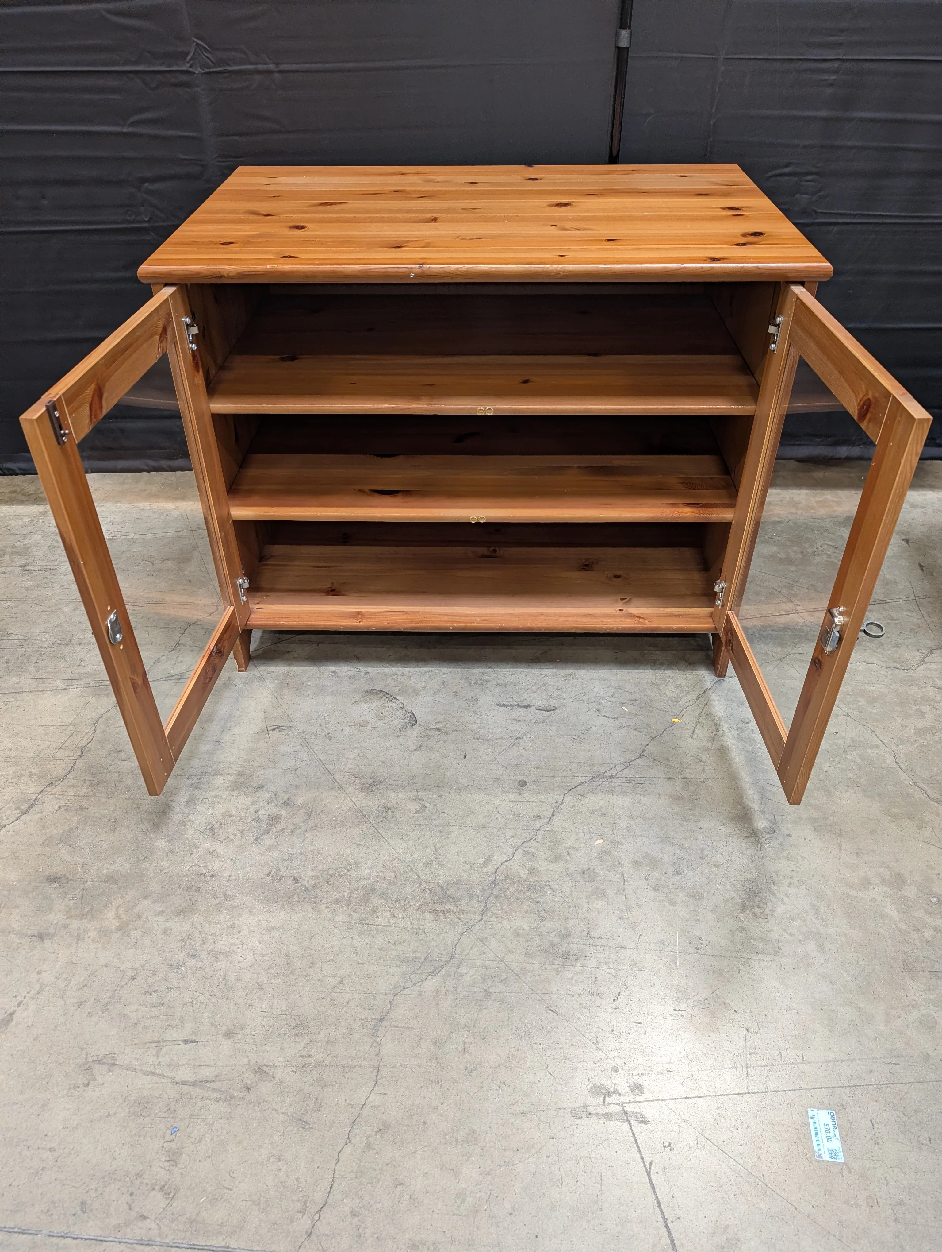 Rustic Pine Finish Display Cabinet with Glass Doors - Image 2