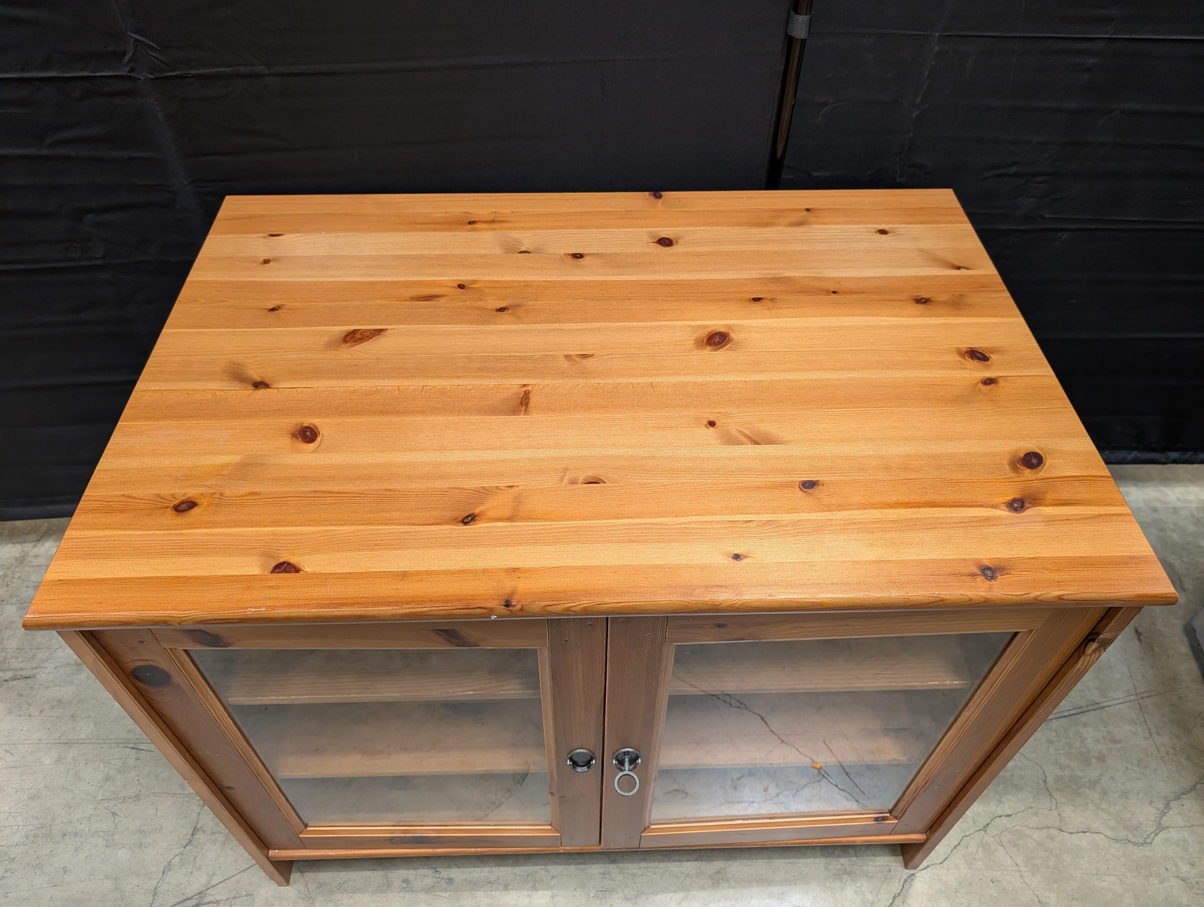 Rustic Pine Finish Display Cabinet with Glass Doors - Image 5