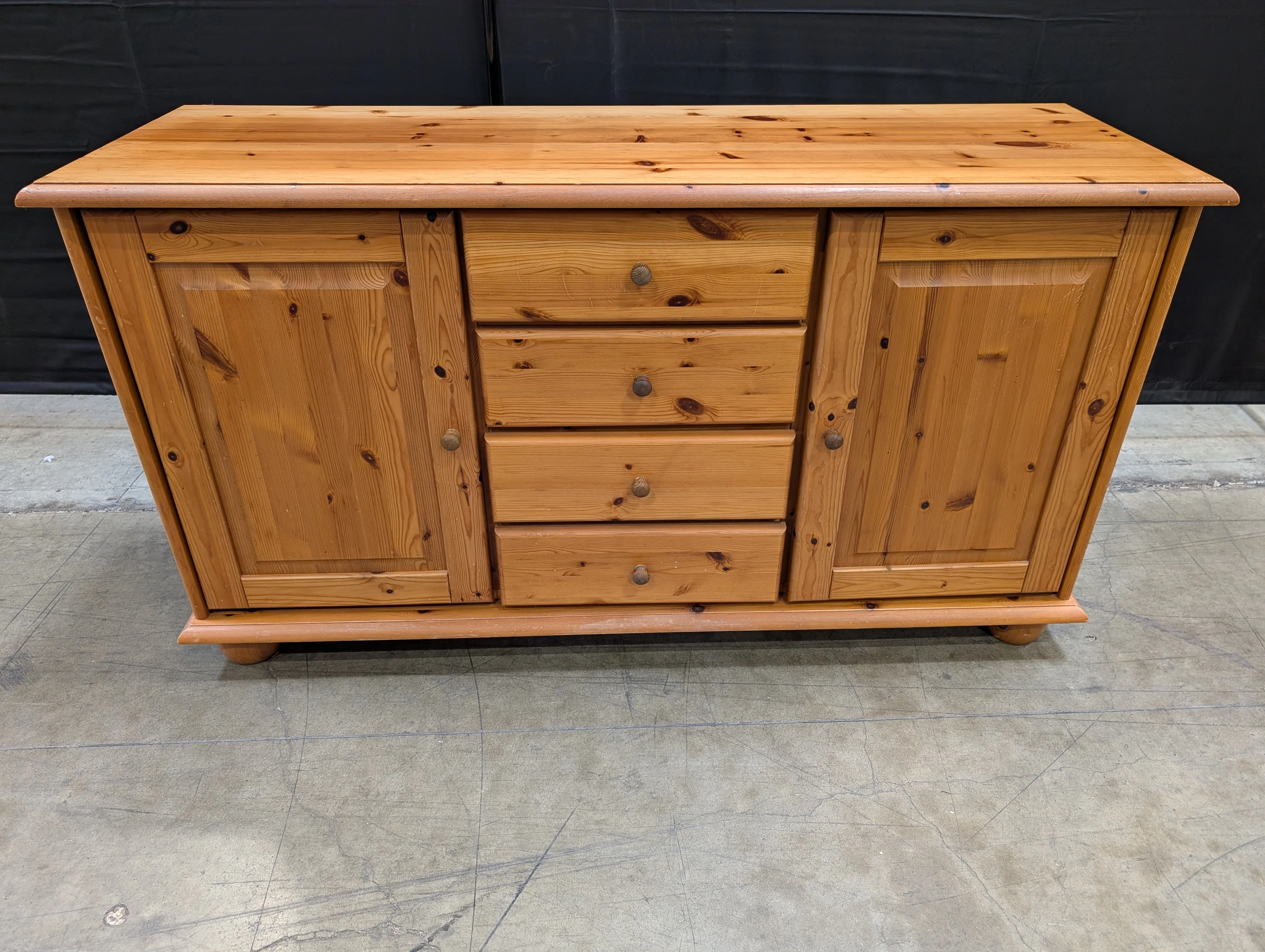 Rustic Pine Wood Sideboard with Cabinets and Drawers
