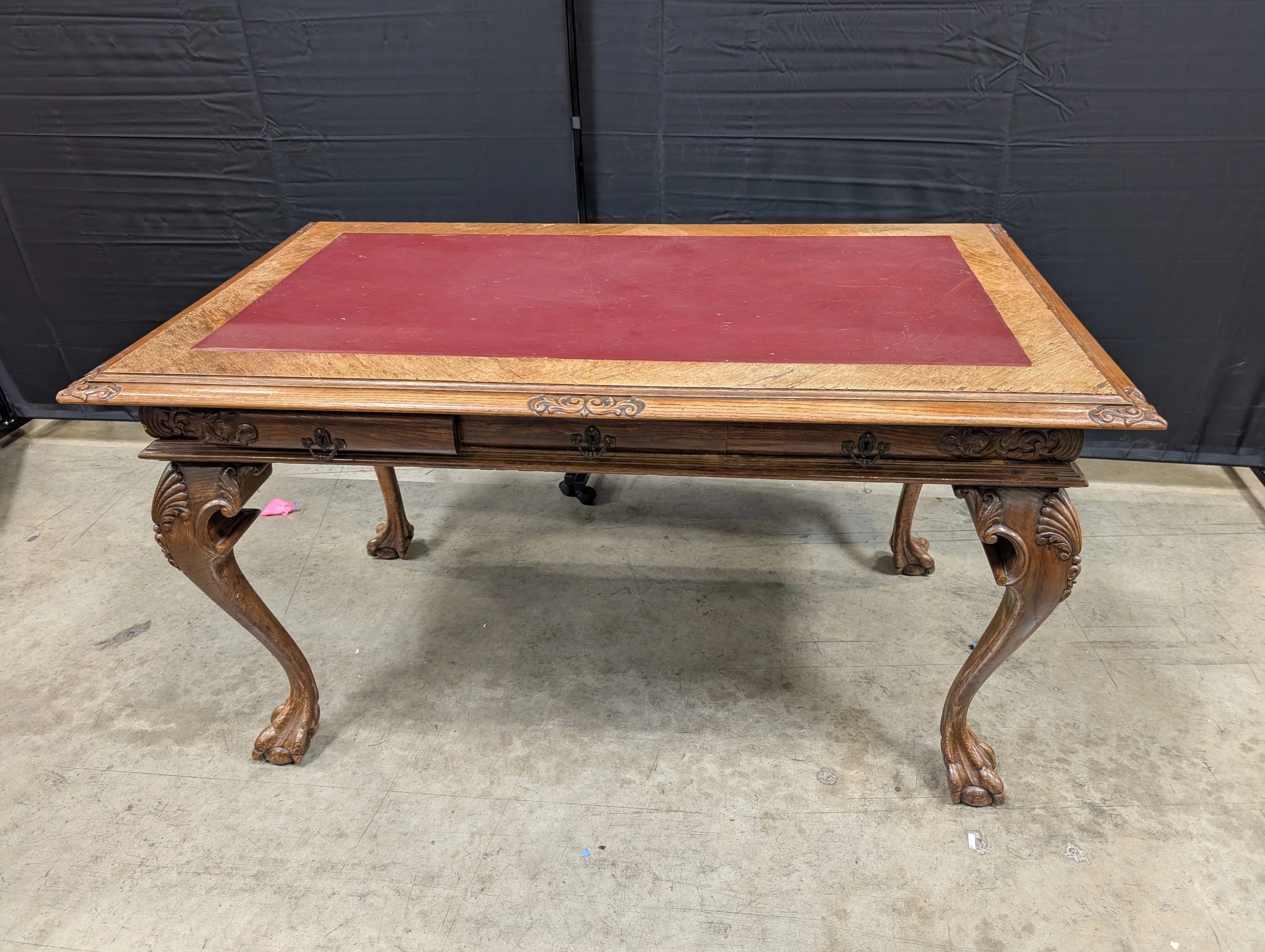 Ornate Carved Wood Desk with Reddish-Brown Top