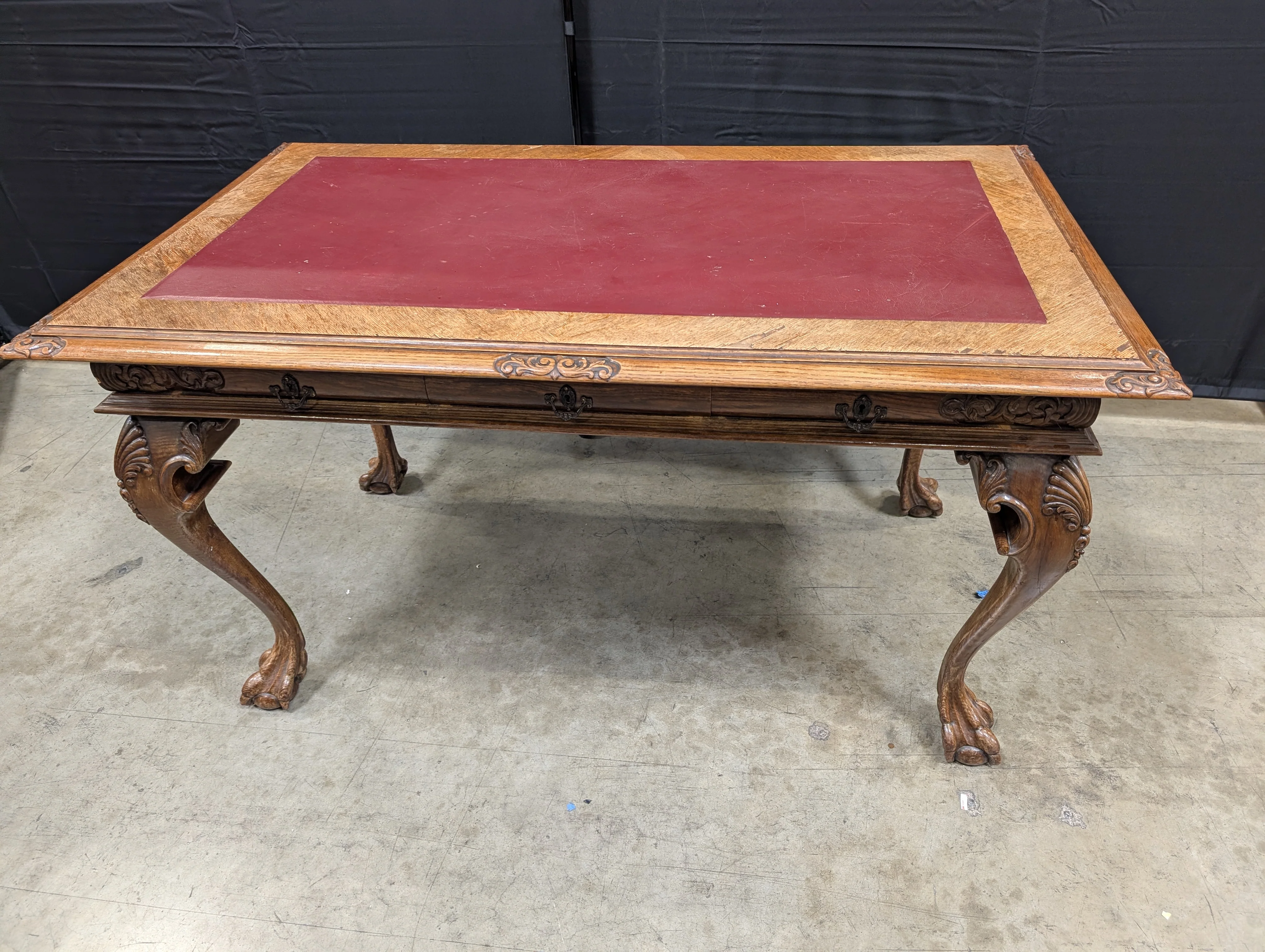 Ornate Carved Wood Desk with Reddish-Brown Top - Image 10